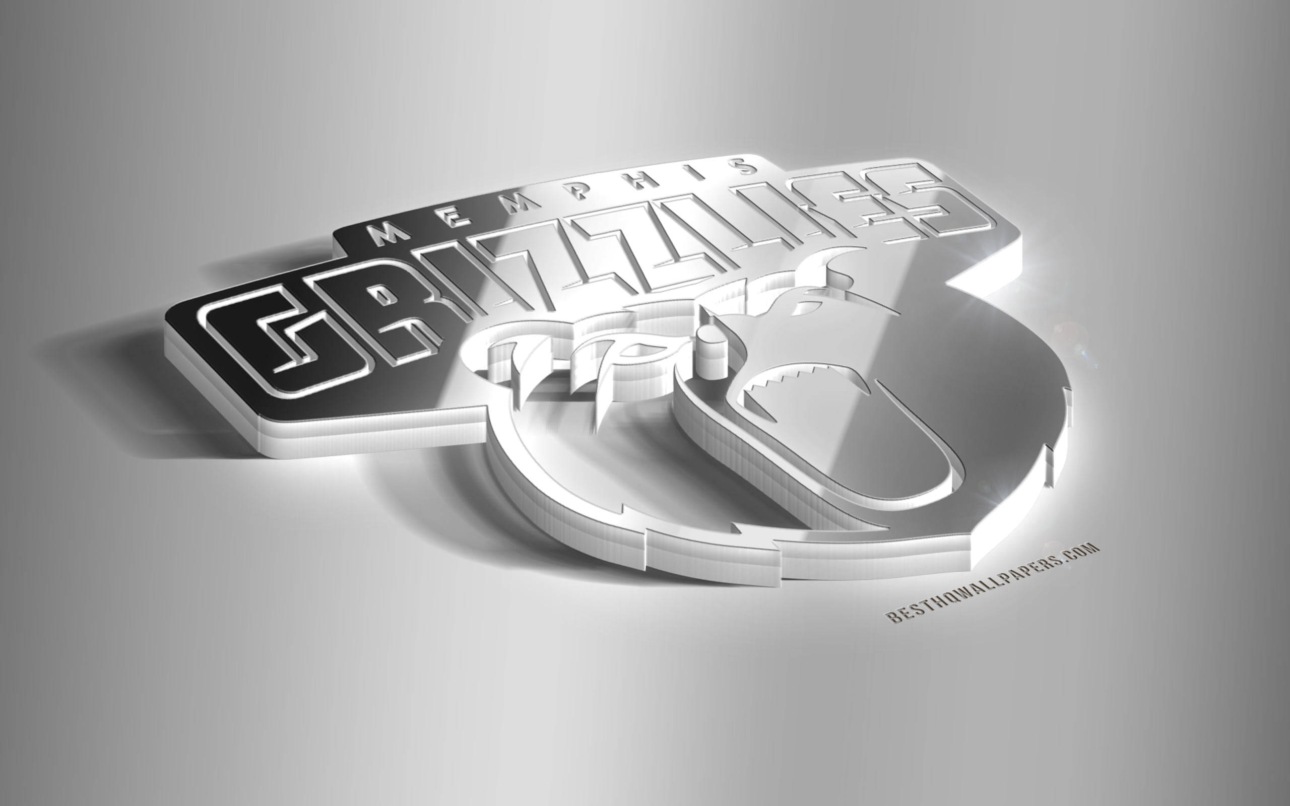 3D 桌布 壁紙 — 一個時尚的3D渲染曼菲斯灰熊隊標誌，在柔和的漸變灰色背景上閃耀著金屬光澤。