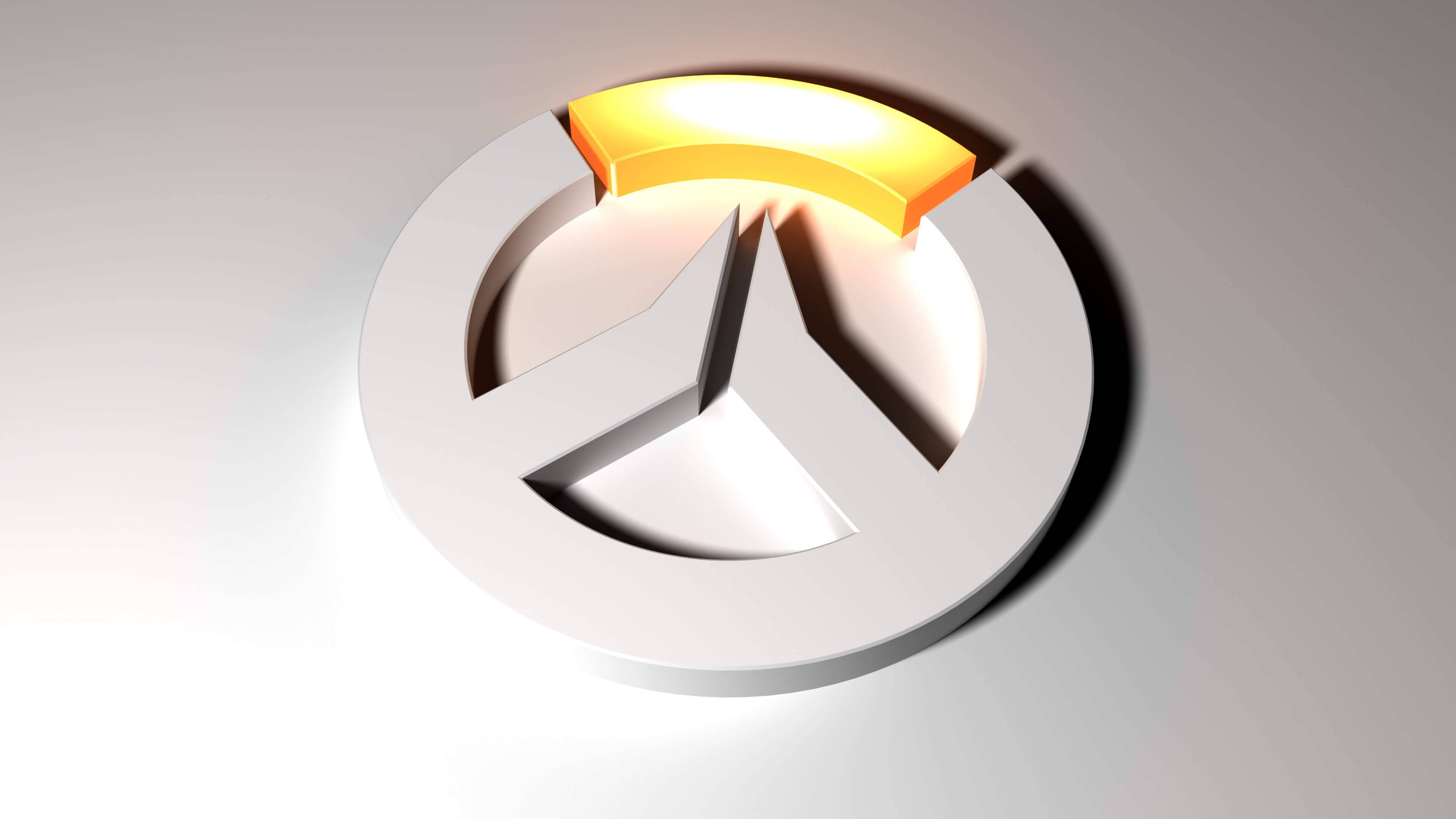 Gaming Logos 桌布 壁紙 — 一個時尚的3D渲染白色圓形標誌，頂部有發光的金色弧線，位於極簡三角形鏤空之上。
