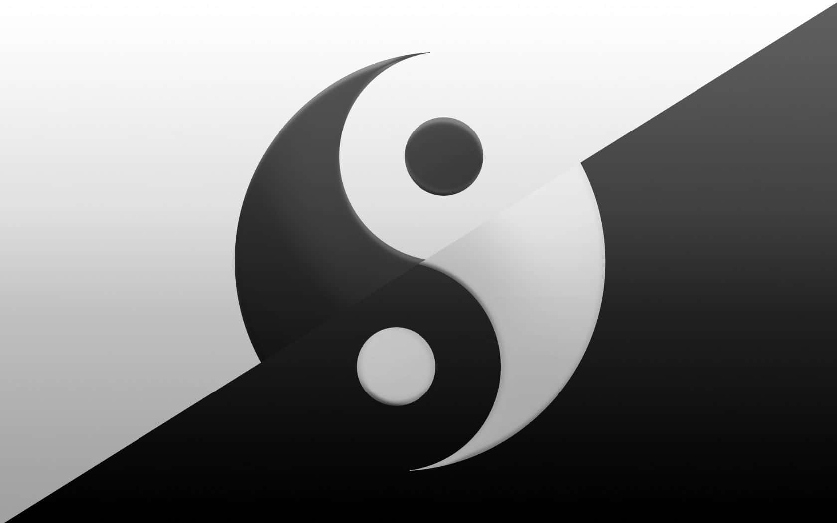 Yin Yang 4K 桌布 壁紙 — 一個時尚的3D陰陽符號，帶有光澤的黑色和白色兩半，置於對角漸變背景上。