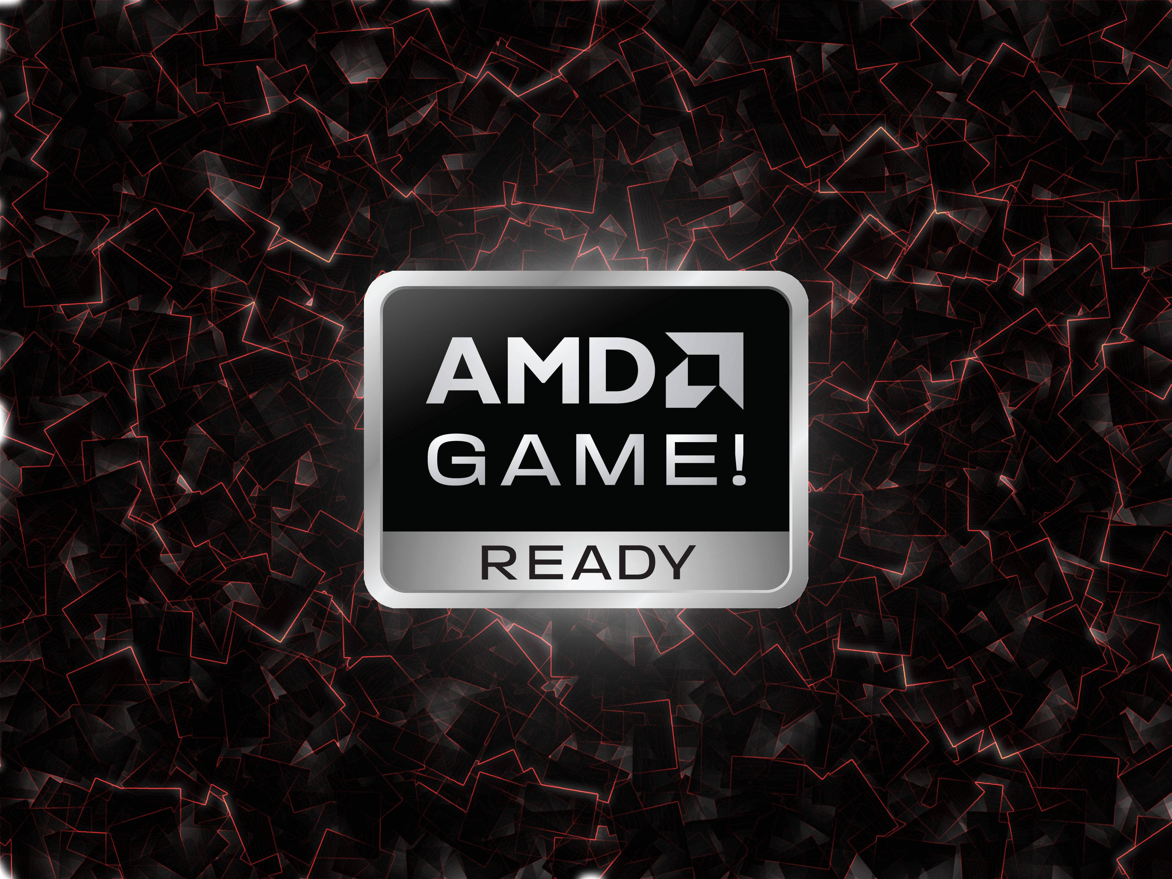 AMD 桌布 壁紙 — 一個時尚的AMD Game Ready標誌居中在黑暗碎片背景上，帶有發光的紅色邊緣。