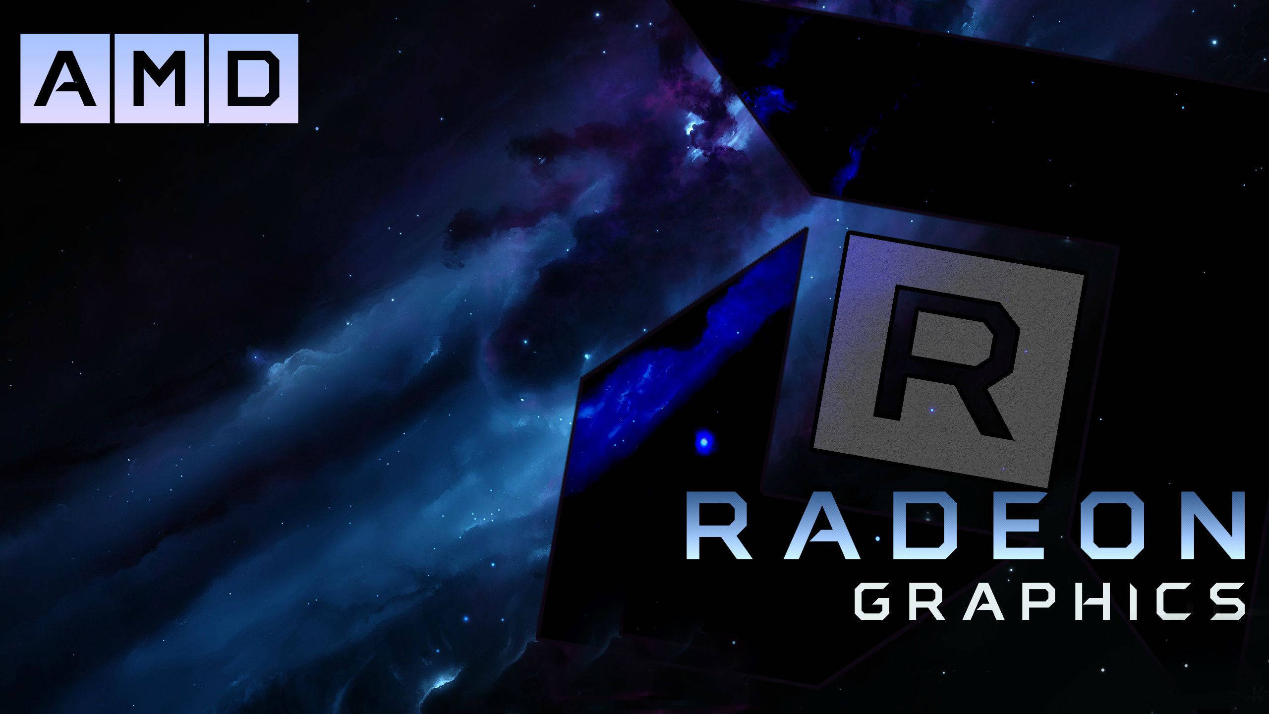 AMD 桌布 壁紙 — 一個時尚的AMD Radeon Graphics標誌從宇宙星雲中浮現，帶有旋轉的藍色和紫色，背景是星空。