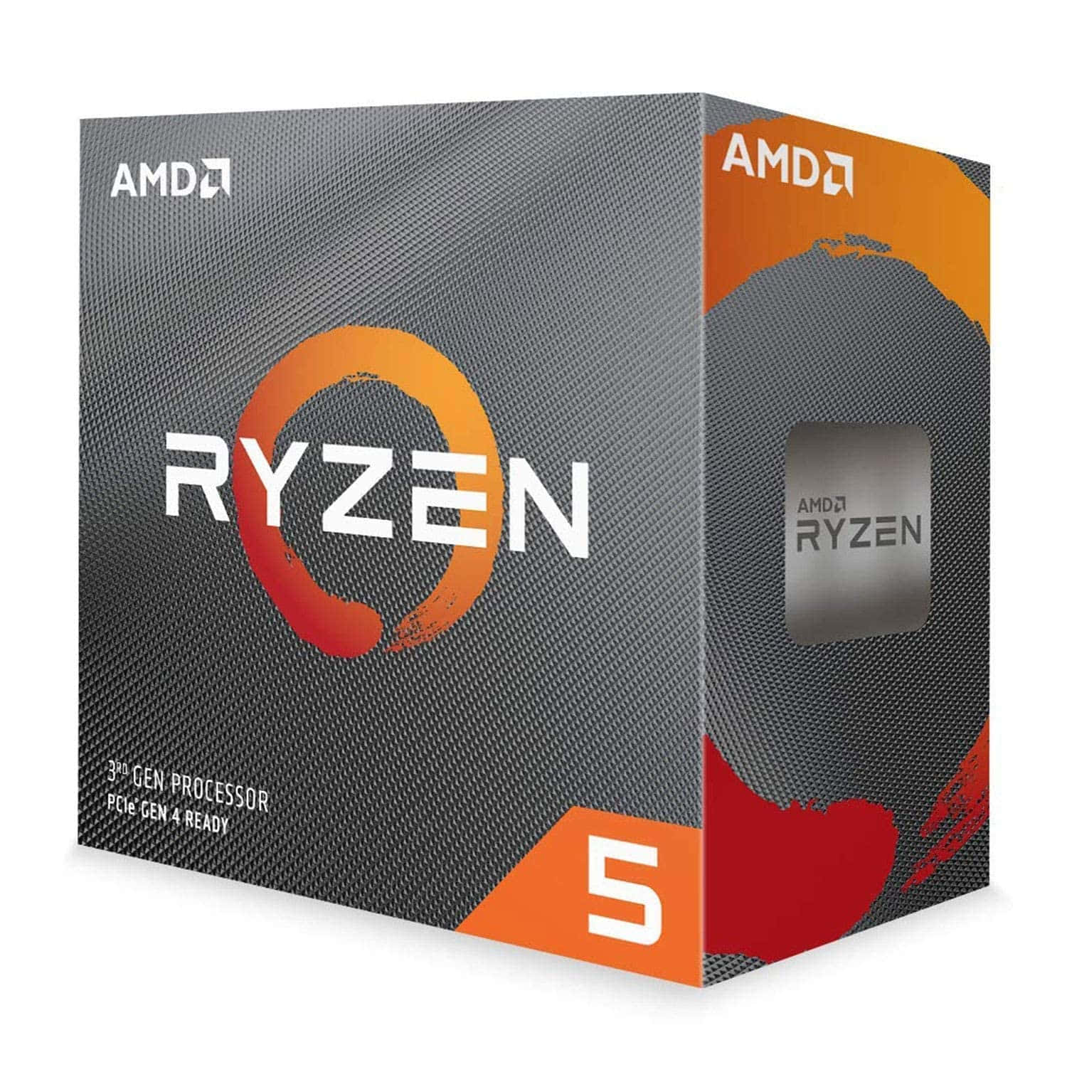 AMD 桌布 壁紙 — 一個時尚的AMD Ryzen 5處理器盒，帶有鮮明的橙色和灰色品牌標識，背景為潔淨的白色。