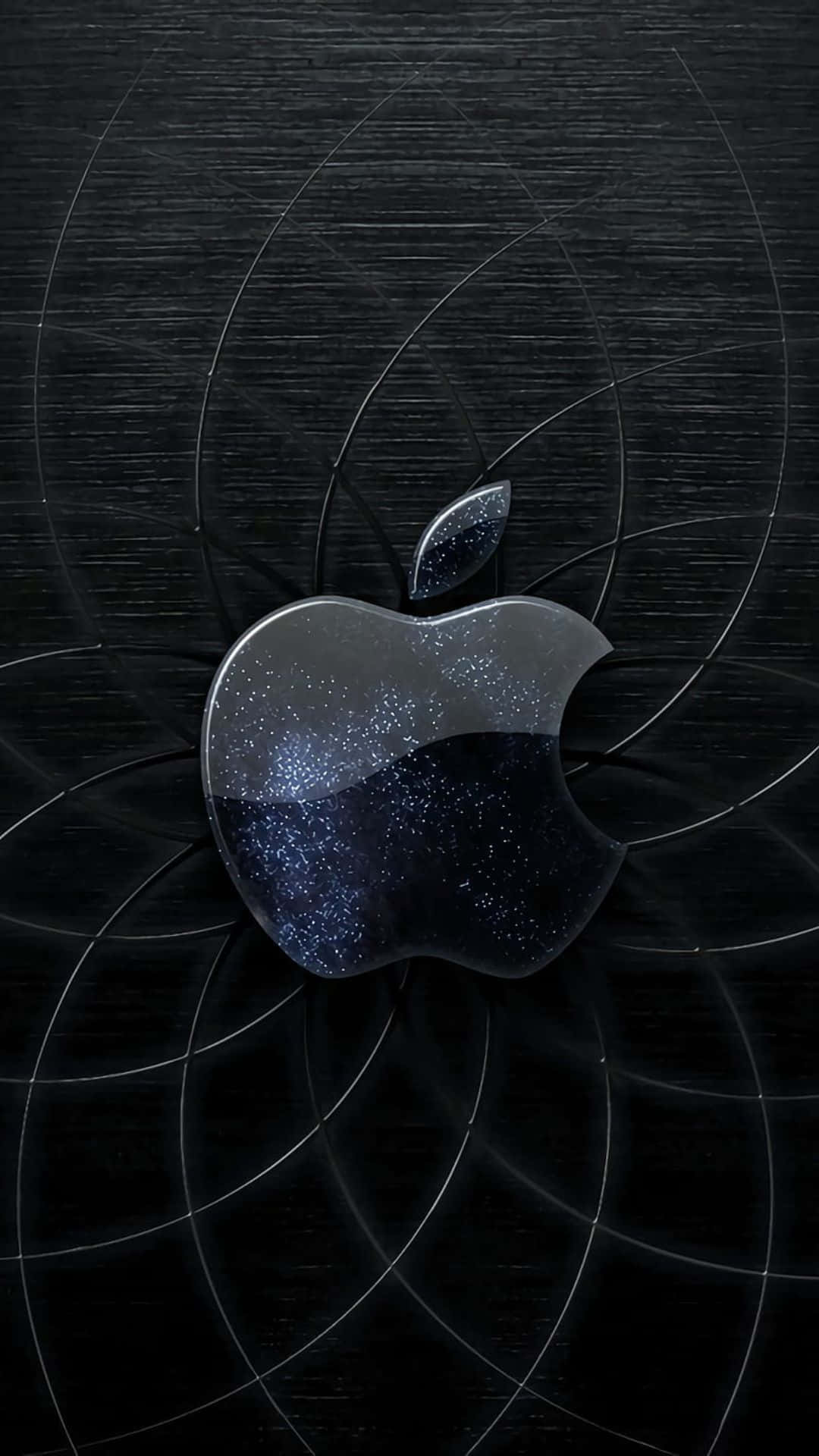 4K Apple 桌布 壁紙 — 一個時尚的Apple標誌，充滿閃爍的星星，置於帶有發光同心圓的深色紋理背景上。
