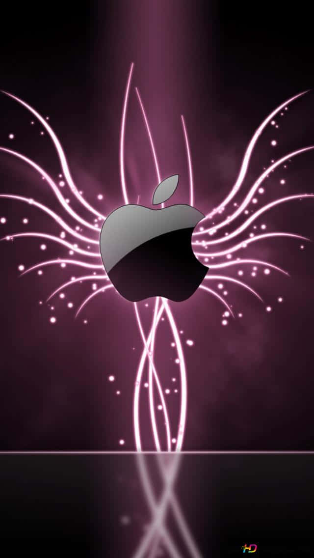 蘋果 桌布 壁紙 — 一個時尚的Apple標誌在深紫色背景上散發出發光的粉紅色能量線，並帶有閃爍的粒子。