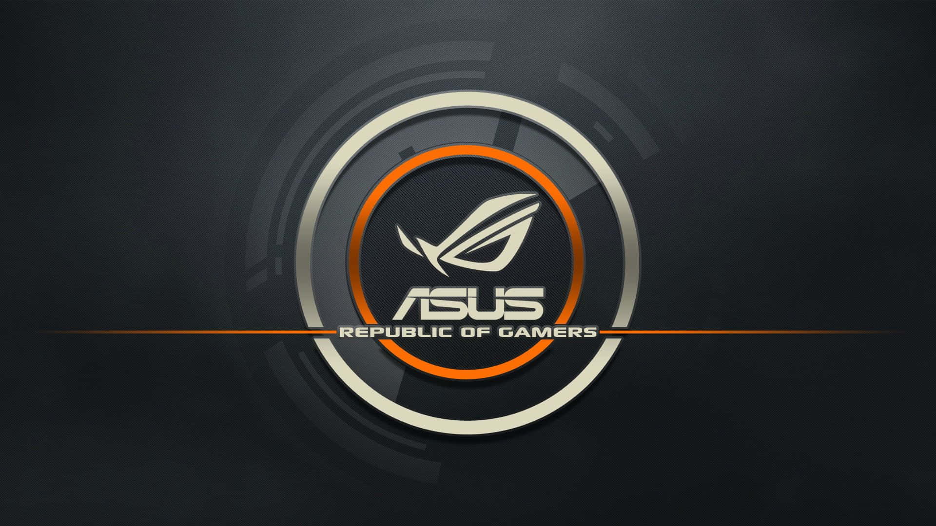 ASUS 桌布 壁紙 — 一個時尚的ASUS ROG標誌，帶有橙色和銀色圓環，居中在深色漸變背景上。