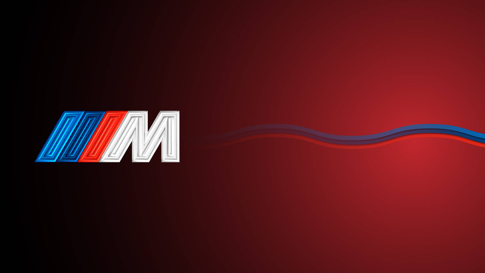 Logo 桌布 壁紙 — 一個時尚的BMW M標誌，以藍色、紅色和白色呈現，在帶有流動絲帶裝飾的漸變紅色背景上脫穎而出。