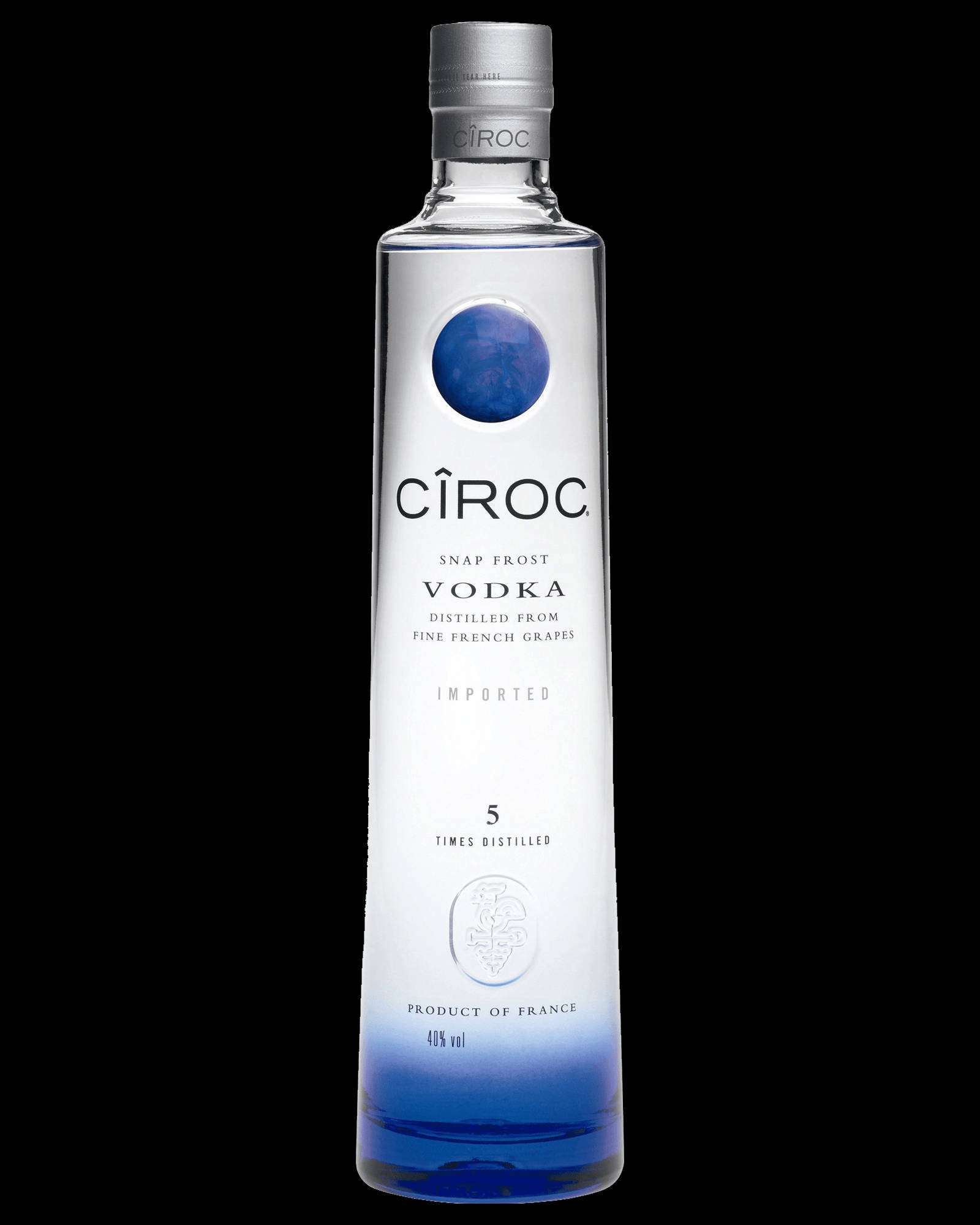 飲料 桌布 壁紙 — 一個時尚的Ciroc Snap Frost伏特加酒瓶，帶有藍色漸變和銀色瓶蓋，孤立地立在黑色背景上。