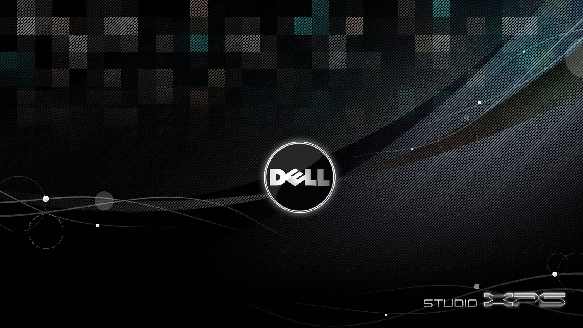 戴爾 HD 桌布 壁紙 — 一個時尚的Dell Studio XPS標誌在黑暗抽象背景上發光，背景有流動線條和像素化方塊。