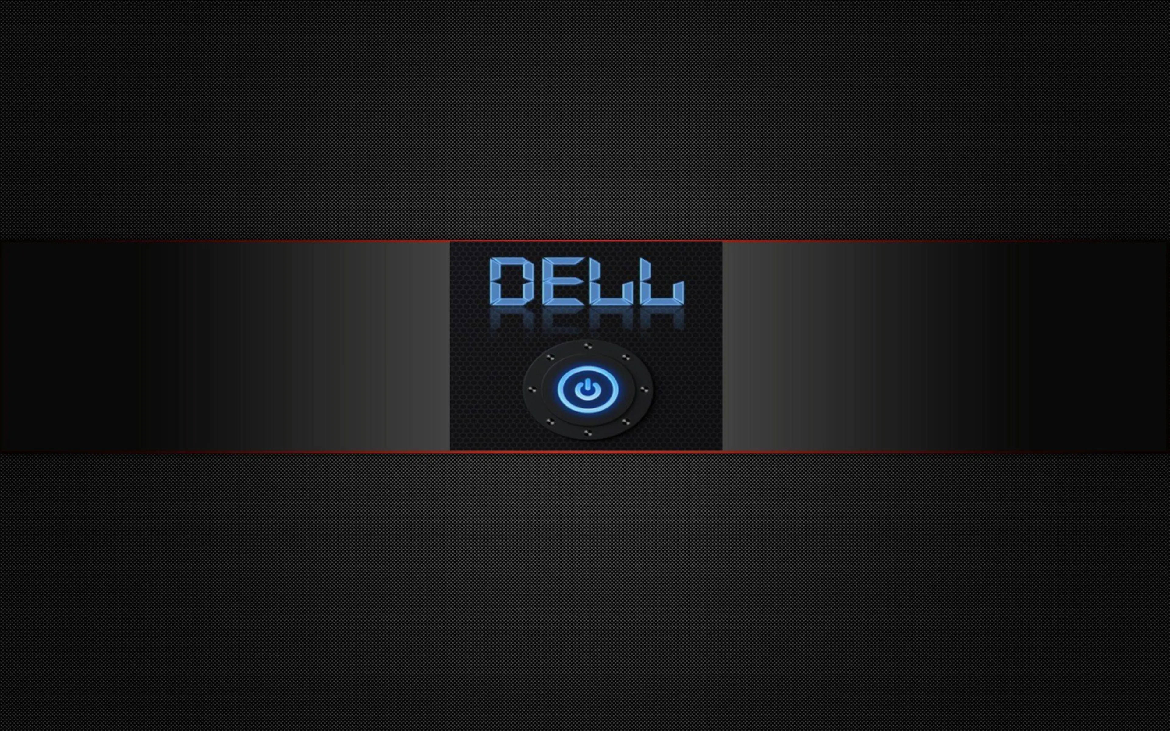 dell 4K 桌布 壁紙 — 一個時尚的Dell標誌，中央帶有發光藍色電源按鈕，位於深色紋理背景上，帶有紅色裝飾條。