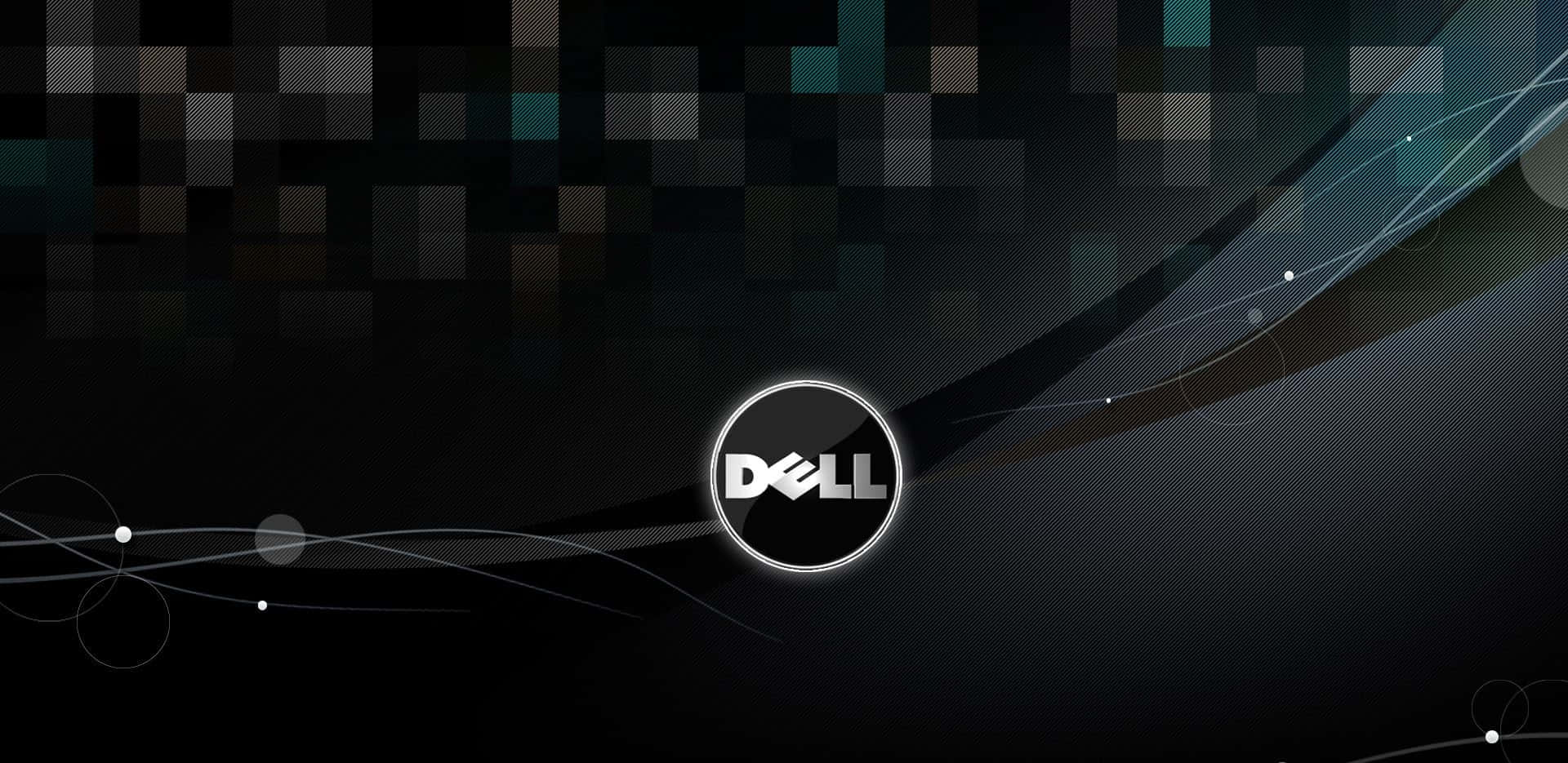 Dell 桌布 壁紙 — 一個時尚的Dell標誌在帶有流動線條和像素化青綠色點綴的深色抽象背景上發光。