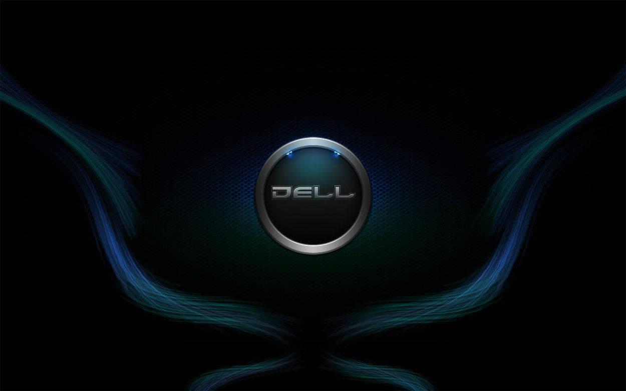 Dell 桌布 壁紙 — 一個時尚的Dell標誌在黑暗背景上發出藍光，周圍環繞著流動的藍綠色能量流。