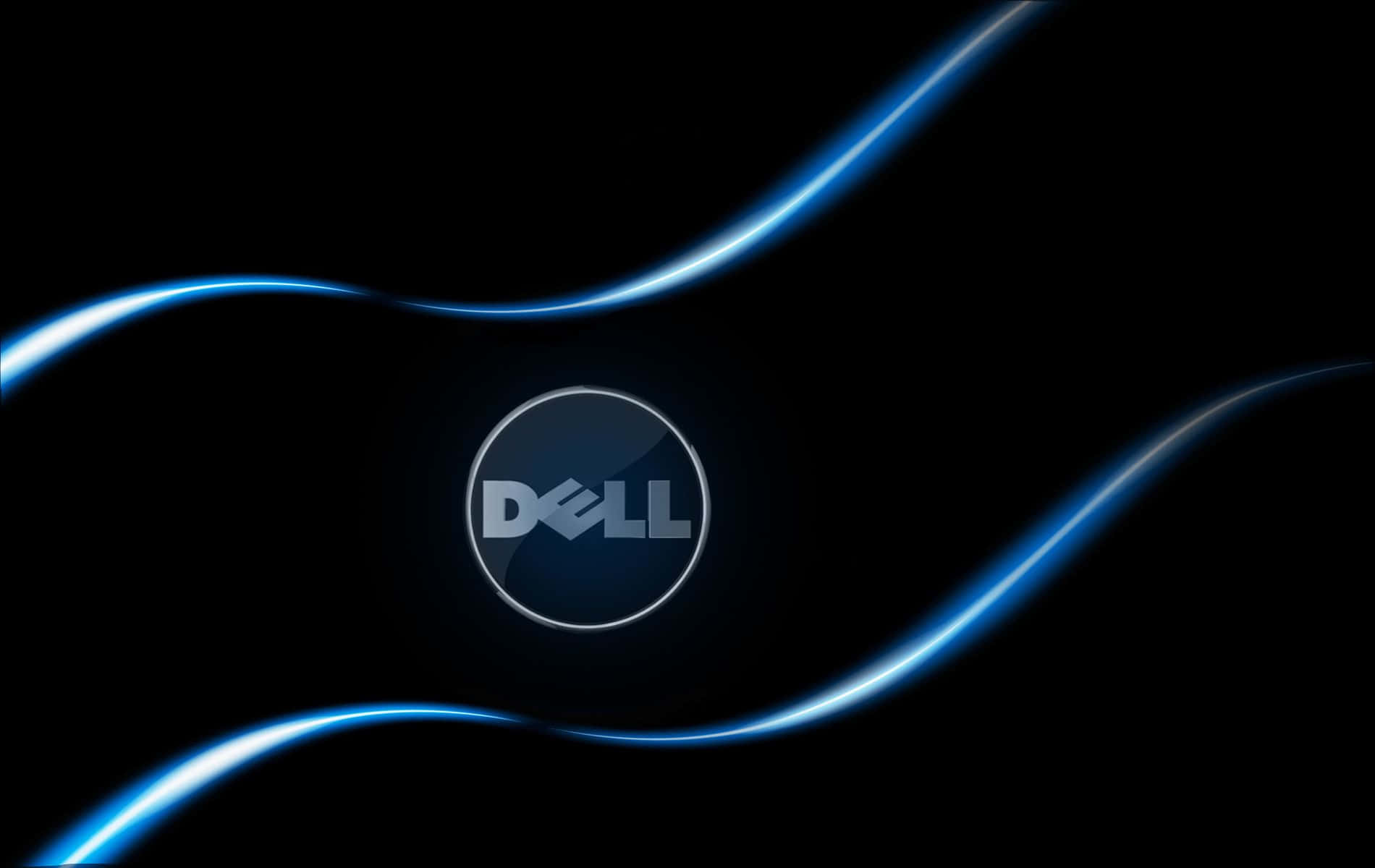 Dell 桌布 壁紙 — 一個時尚的Dell標誌置於黑色背景中央，周圍有發光的藍色曲線流動。