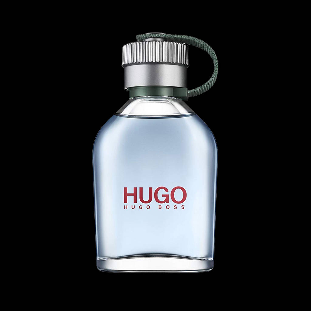 品牌 桌布 壁紙 — 一個時尚的Hugo Boss香水瓶，帶有銀色瓶蓋和綠色繩圈，居中放置在純黑色背景上。