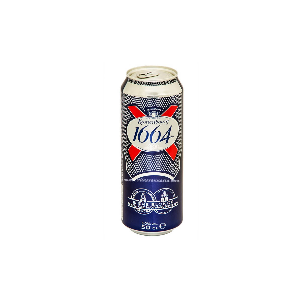 Beer 桌布 壁紙 — 一個時尚的Kronenbourg 1664啤酒罐，帶有藍色、紅色和銀色品牌標識，居中放置在純白色背景上。