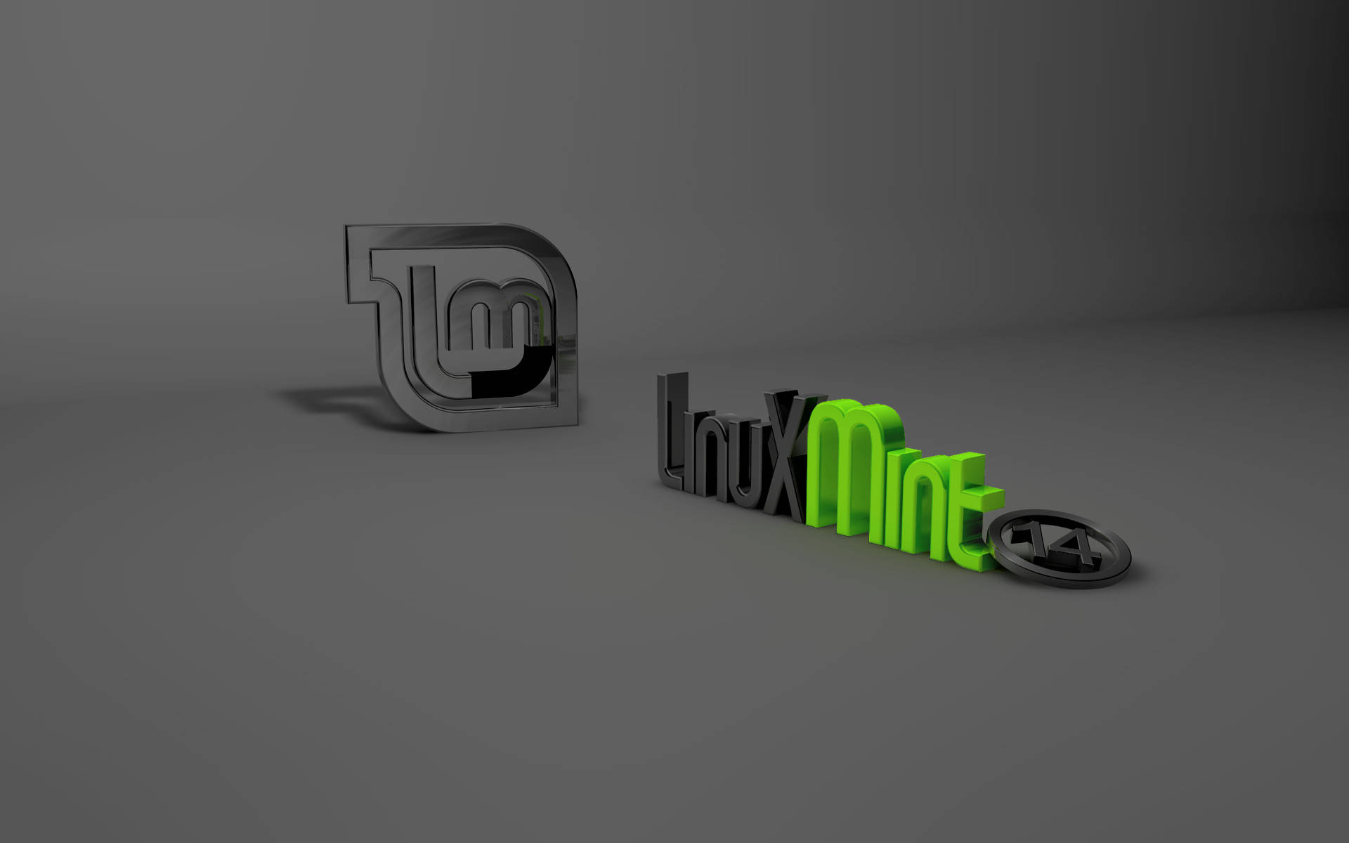 Linux 桌布 壁紙 — 一個時尚的Linux Mint標誌3D渲染，採用金屬灰色和鮮綠色字母，置於簡約灰色工作室地板上。