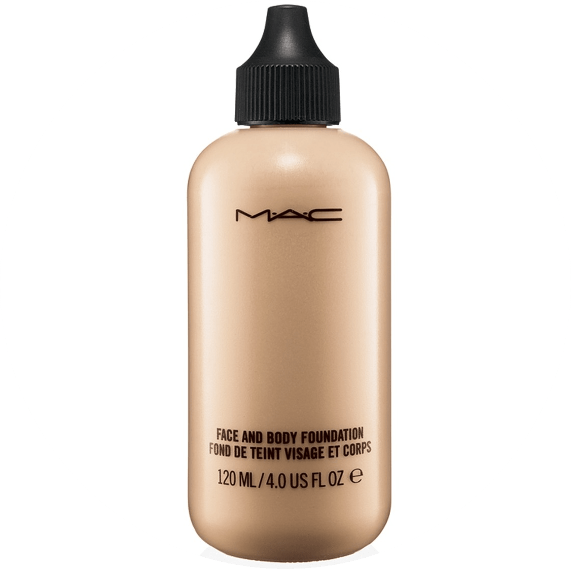 Cosmetics Products 桌布 壁紙 — 一個時尚的MAC臉部及身體粉底瓶，帶有黑色滴管蓋，置中於白色圓形背景上，背景為青綠色。