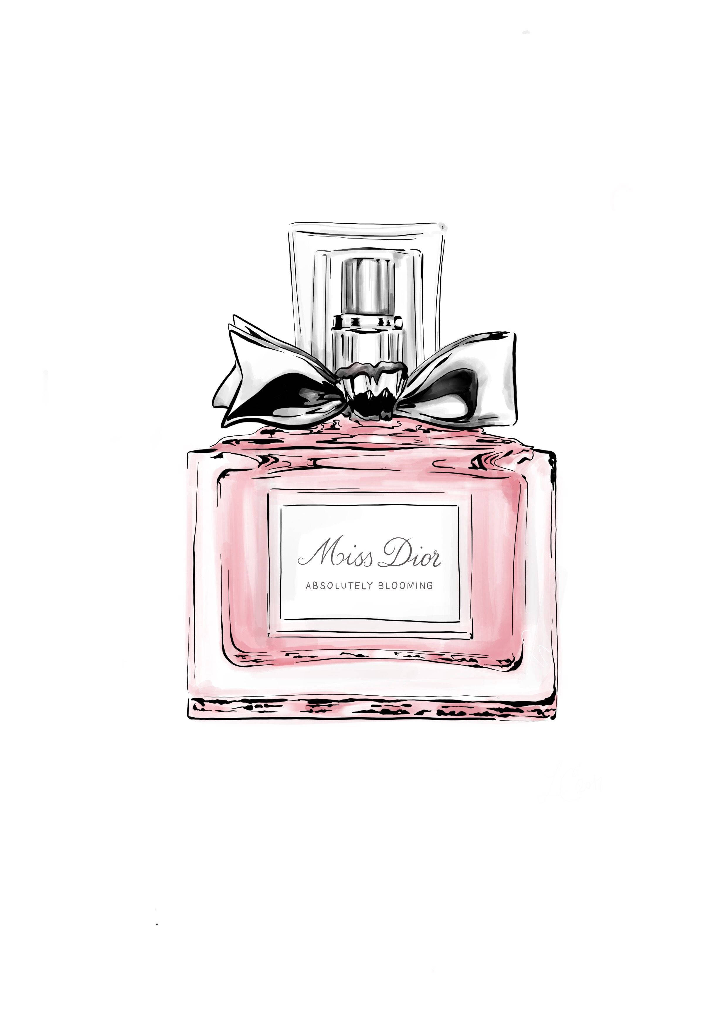 Dior 動態 桌布 壁紙 — 一個時尚的Miss Dior香水瓶，帶有粉紅色液體和銀色蝴蝶結，以乾淨的線條藝術風格繪製在白色背景上。