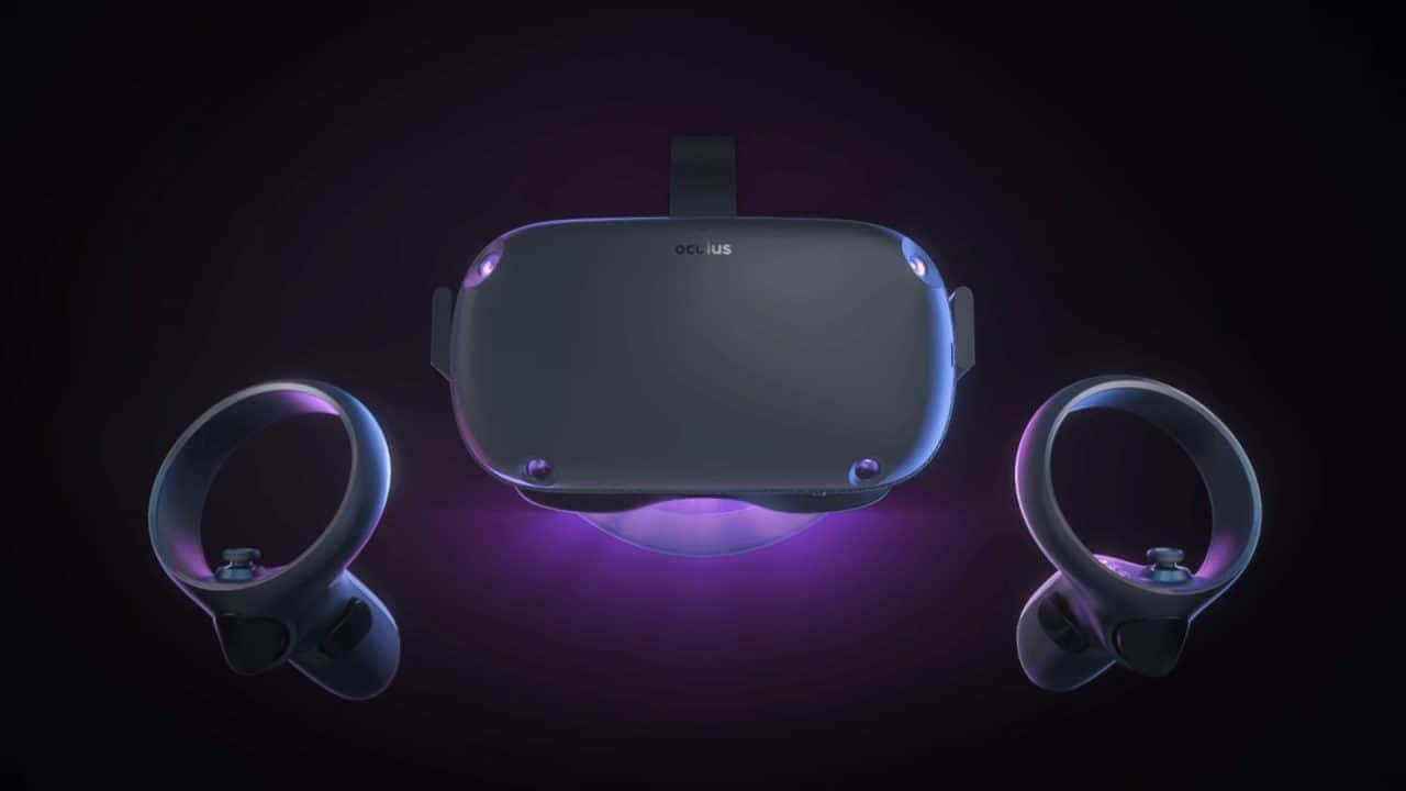 Oculus Quest 2 桌布 壁紙 — 一個時尚的Oculus VR頭戴式裝置，帶有發光的紫色點綴和控制器，漂浮在深色漸變背景上。