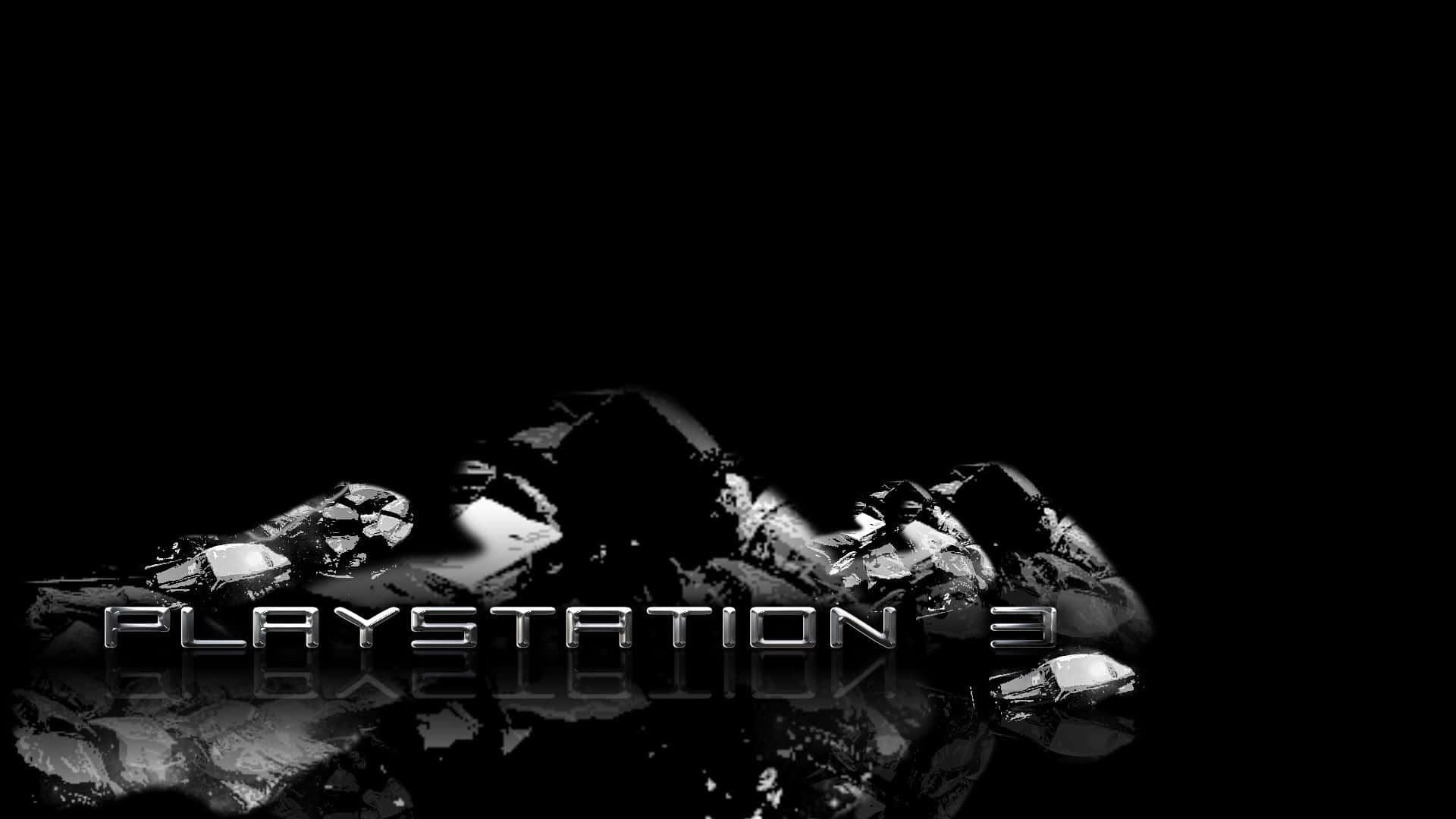 PlayStation 桌布 壁紙 — 一個時尚的PlayStation 3標誌在黑暗背景上金屬般發光，帶有抽象的碎玻璃反射。