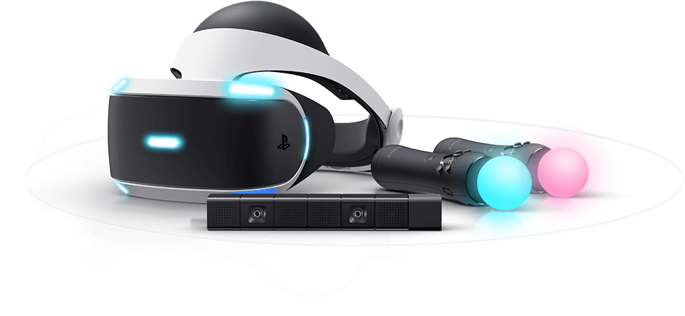 PlayStation 桌布 壁紙 — 一個時尚的PlayStation VR頭戴裝置，帶有發光的藍色點綴和兩個色彩繽紛的控制器，放置在黑色背景前的白色平台上。