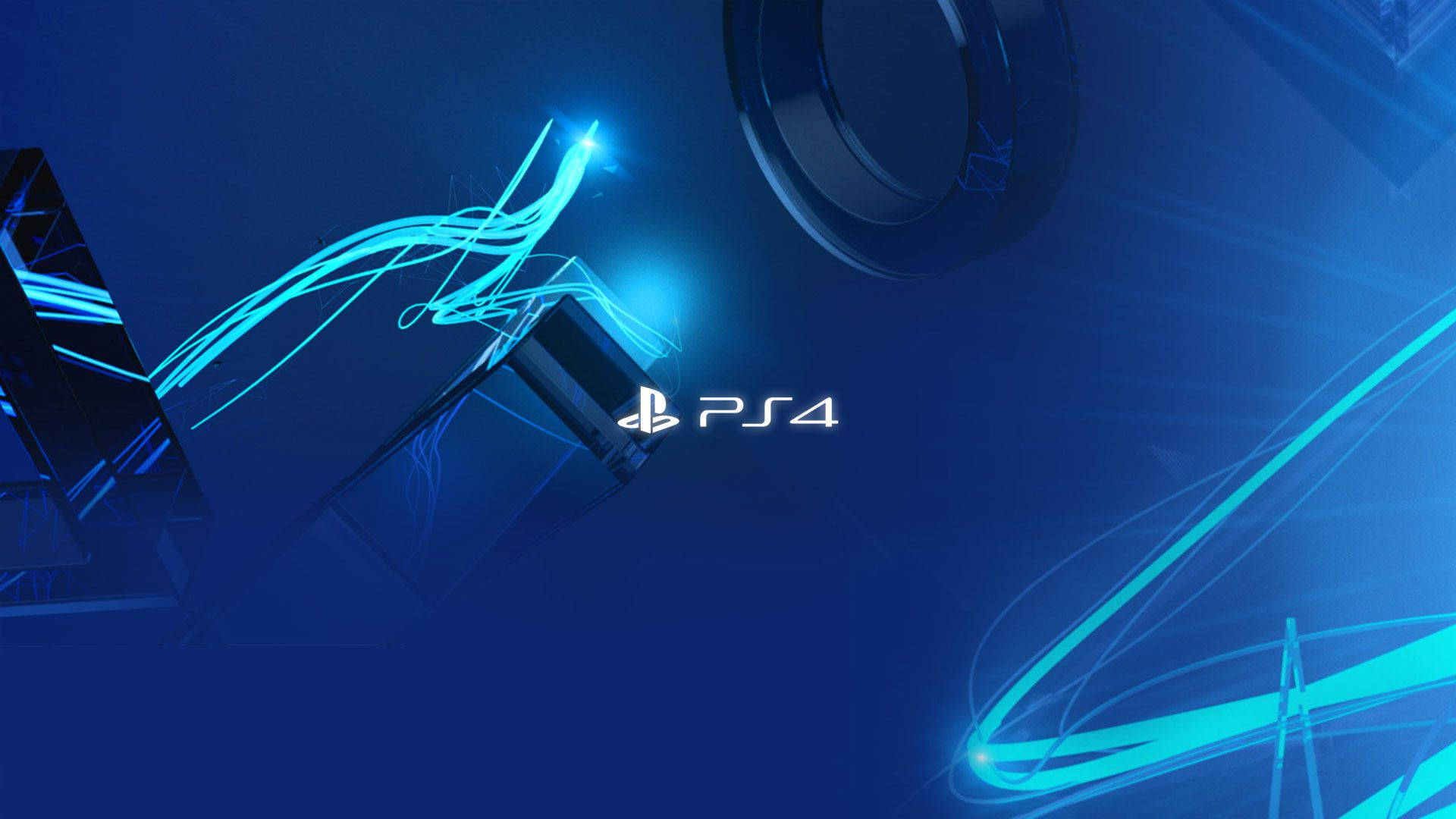 Best Ps4 桌布 壁紙 — 一個時尚的PS4標誌在深藍色數位背景上發光，伴隨著發光的青色光跡和抽象的幾何形狀。
