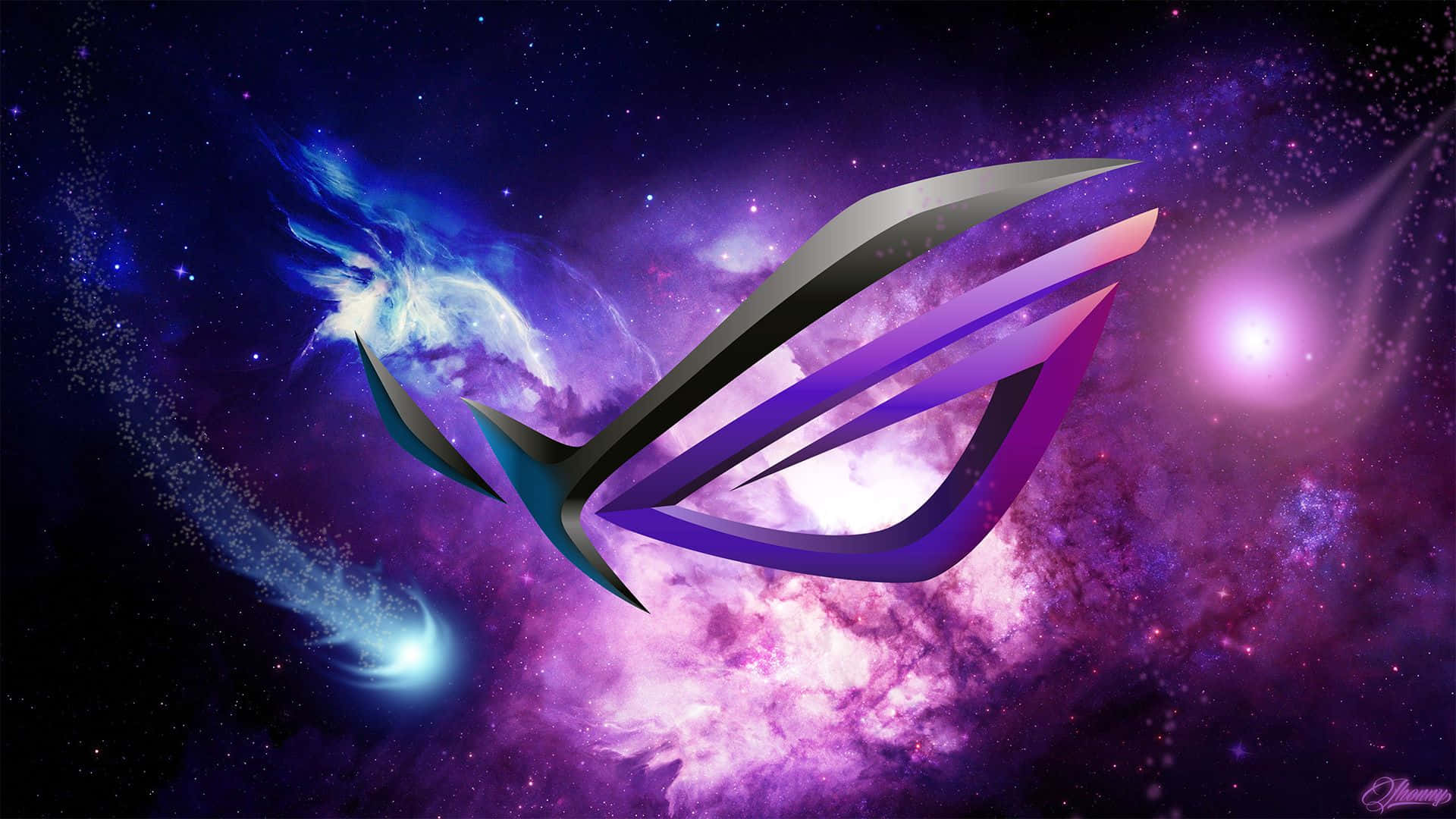 華碩 ROG 桌布 壁紙 — 一個時尚的ROG標誌在充滿紫色、藍色和星星的活潑宇宙星雲中發光。