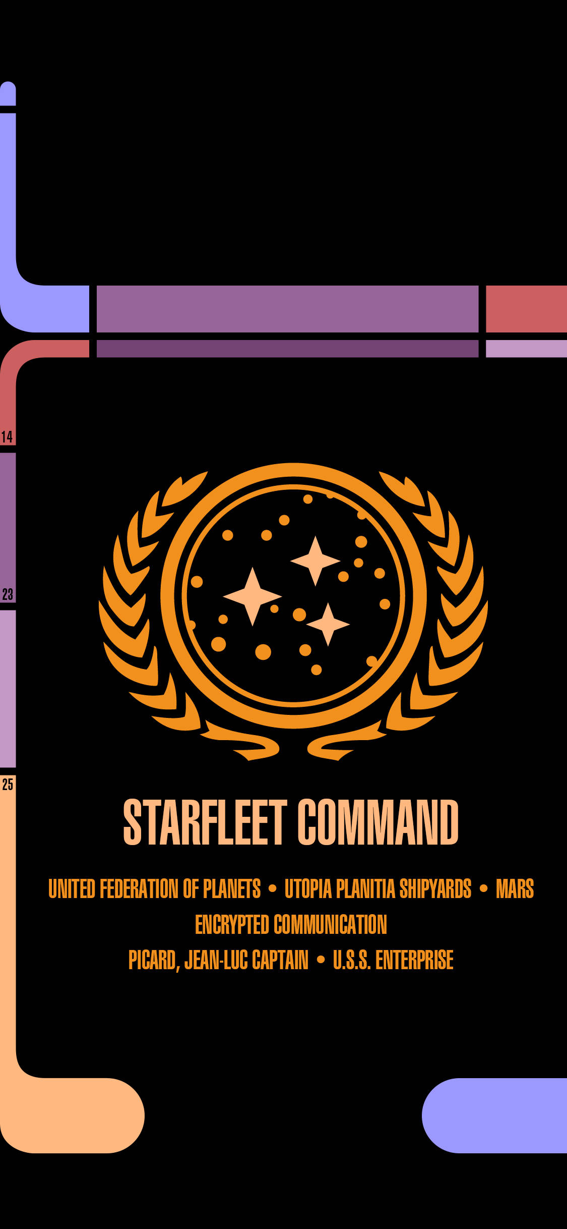 星際爭霸戰 iPhone 桌布 桌布 壁紙 — 一個時尚的Starfleet Command標誌，發光橙色配黑色背景，加上色彩繽紛的抽象幾何裝飾。
