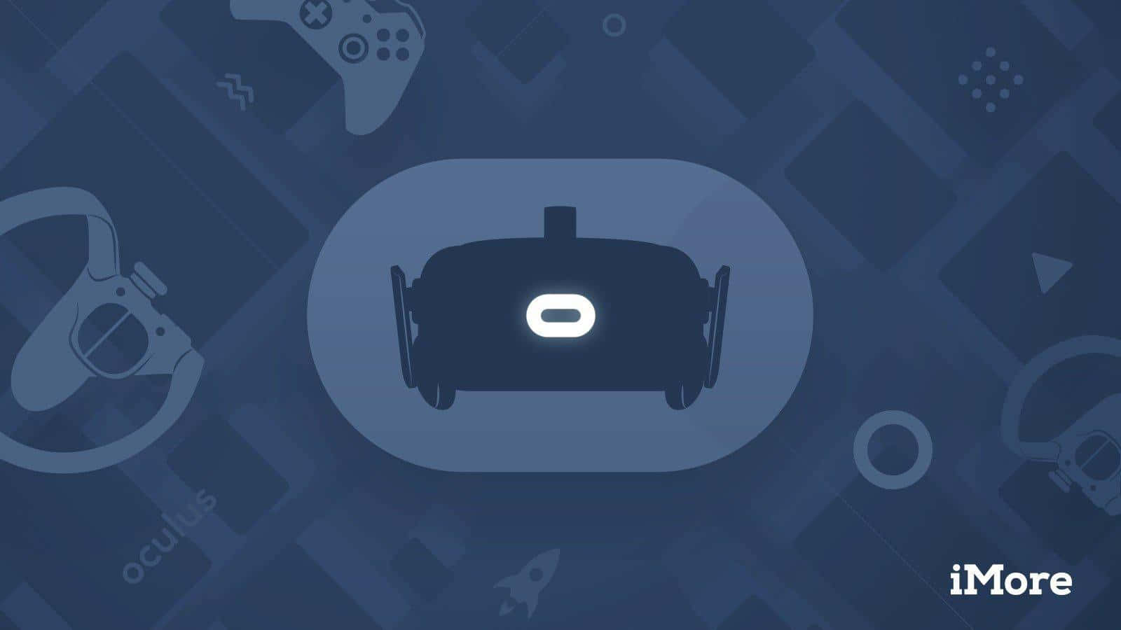 Oculus Quest 2 桌布 壁紙 — 一個時尚的VR頭戴式裝置，帶有發光標誌，居中於深藍色科技主題背景上，並配有遊戲圖標。