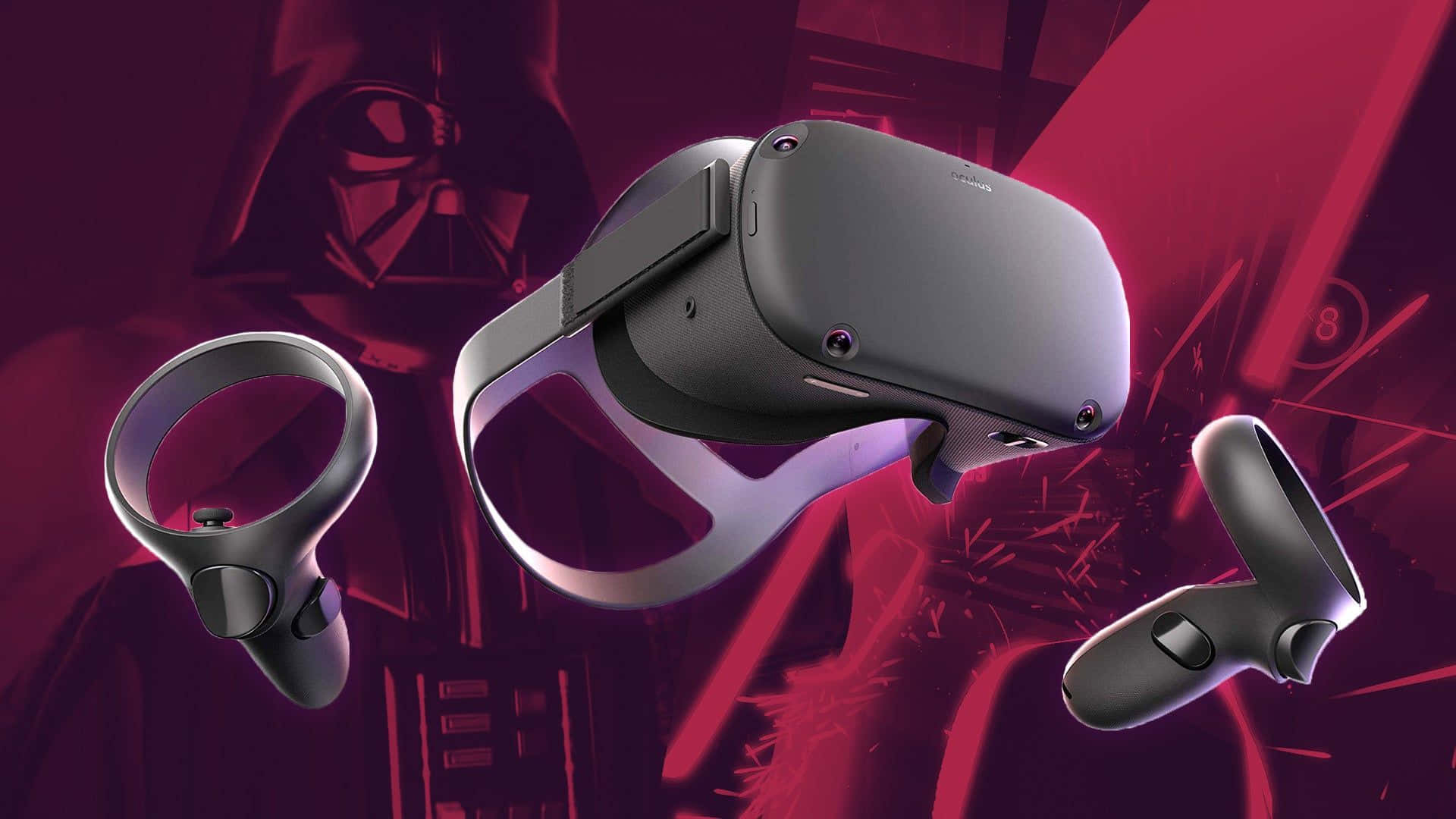 Oculus Quest 2 桌布 壁紙 — 一個時尚的VR頭戴式裝置和控制器漂浮在深紅色背景上，背景有黑武士剪影和發光光劍效果。
