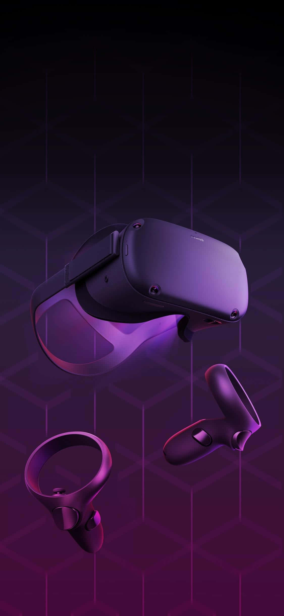 Oculus Quest 2 桌布 壁紙 — 一個時尚的VR頭戴式裝置和控制器漂浮在發光的紫色六邊形網格背景上。