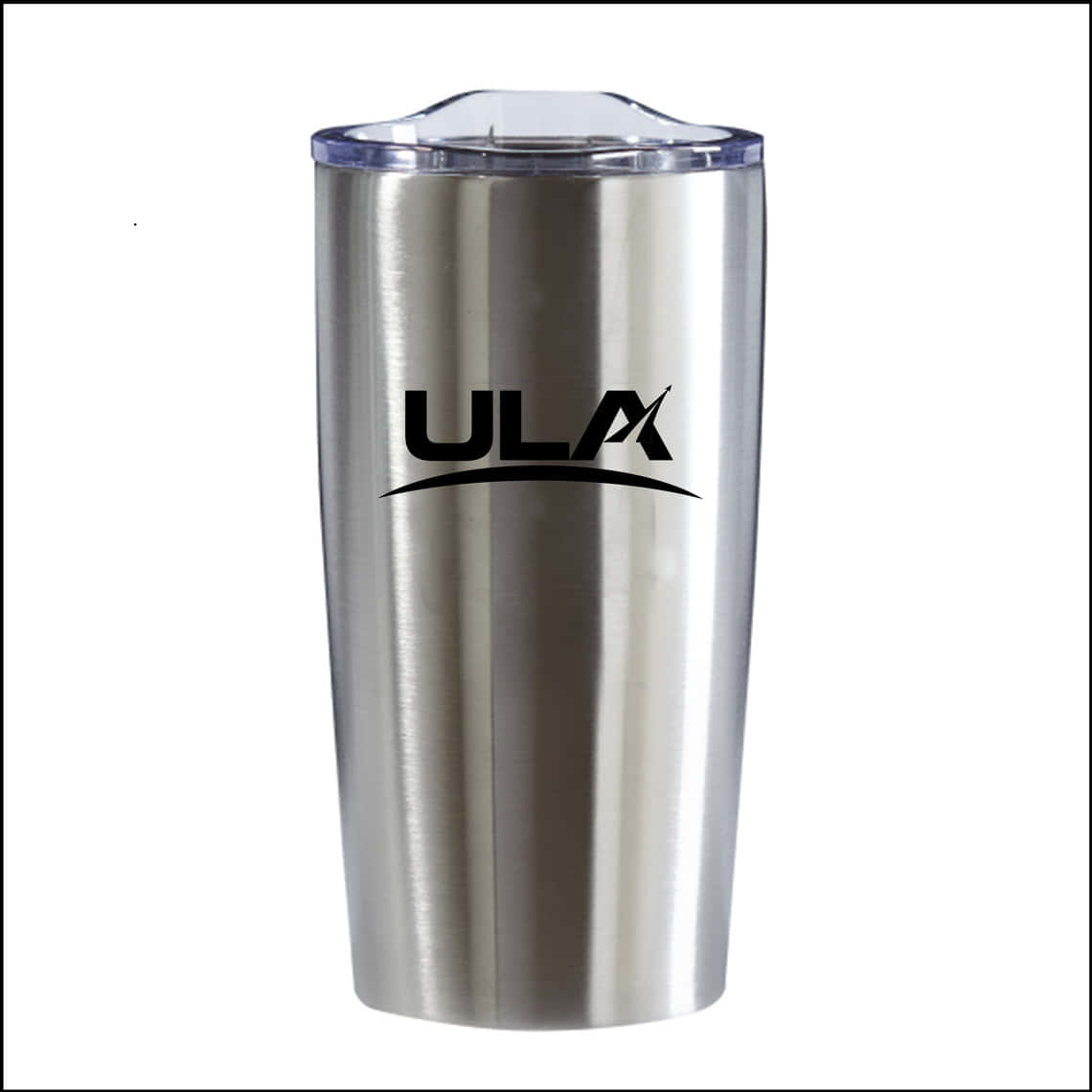 tumbler 桌布 壁紙 — 一個時尚的不鏽鋼杯，帶有透明蓋子和醒目的黑色ULA標誌，立在潔白的背景上。