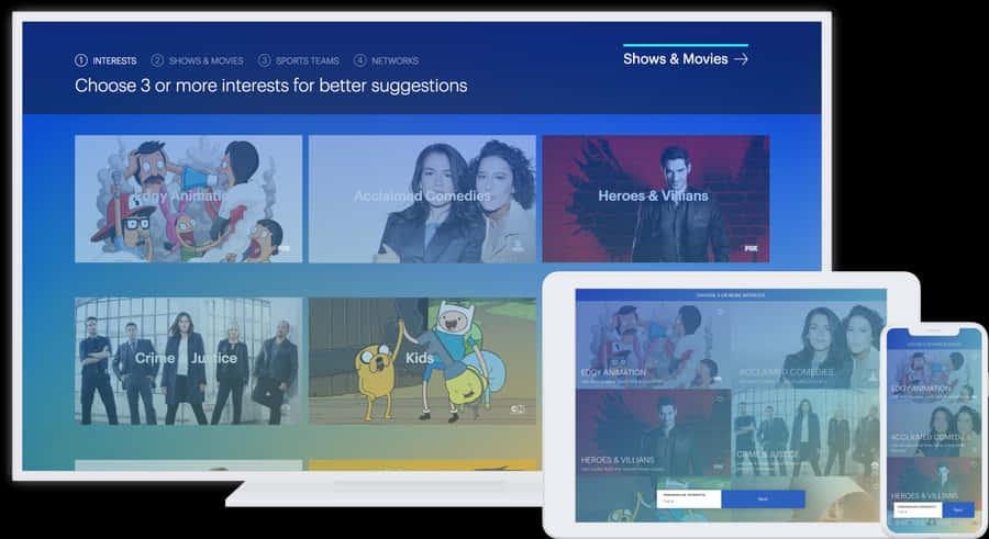 Netflix 桌布 壁紙 — 一個時尚的串流服務介面顯示在電視、平板電腦和手機上，展示動畫、喜劇和英雄反派等類型類別。