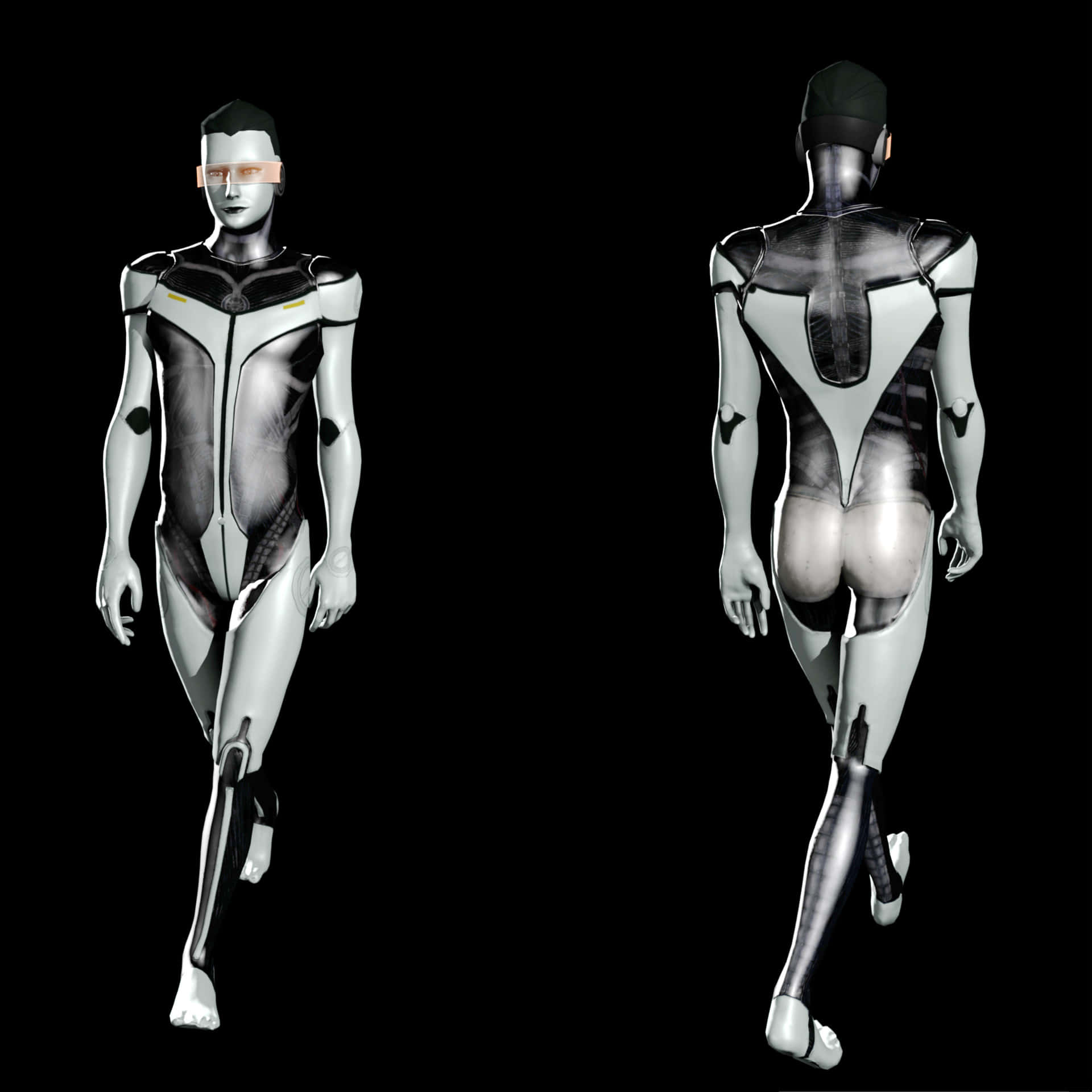Mass Effect Edi 桌布 壁紙 — 一個時尚的人形機器人，在黑色背景前後展示，帶有金屬銀色和黑色面板。