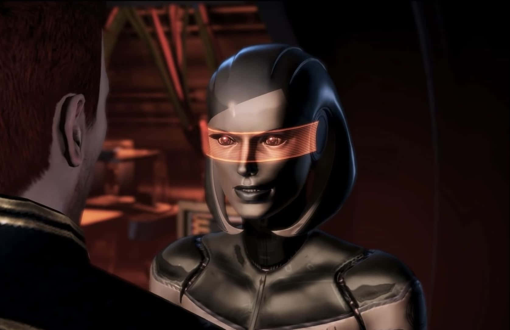 Mass Effect Edi 桌布 壁紙 — 一個時尚的人形機器人，帶有發光的橙色護目鏡，在昏暗的未來場景中與人類交談。