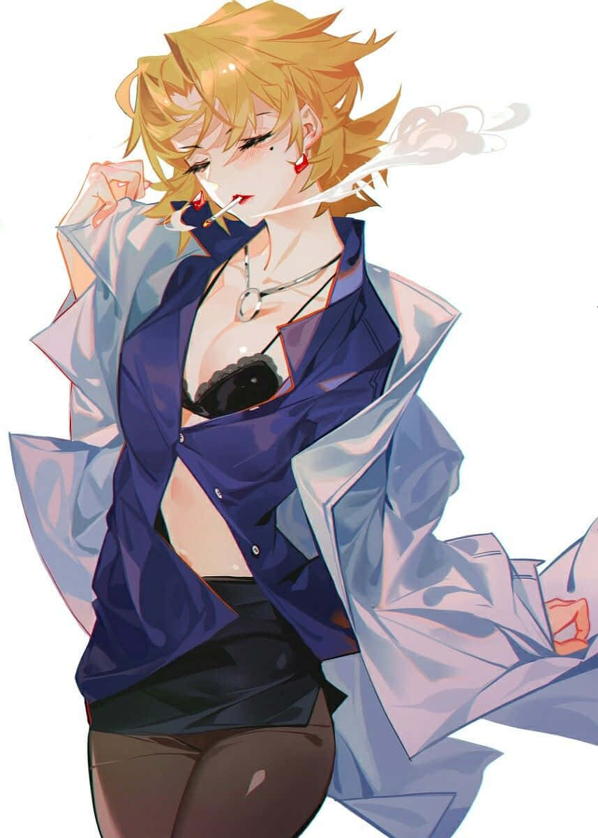 Ritsuko Akagi 桌布 壁紙 — 一個時尚的動漫女孩，有著尖刺金髮，穿著藍色開襟襯衫和黑色內衣，正在抽煙。