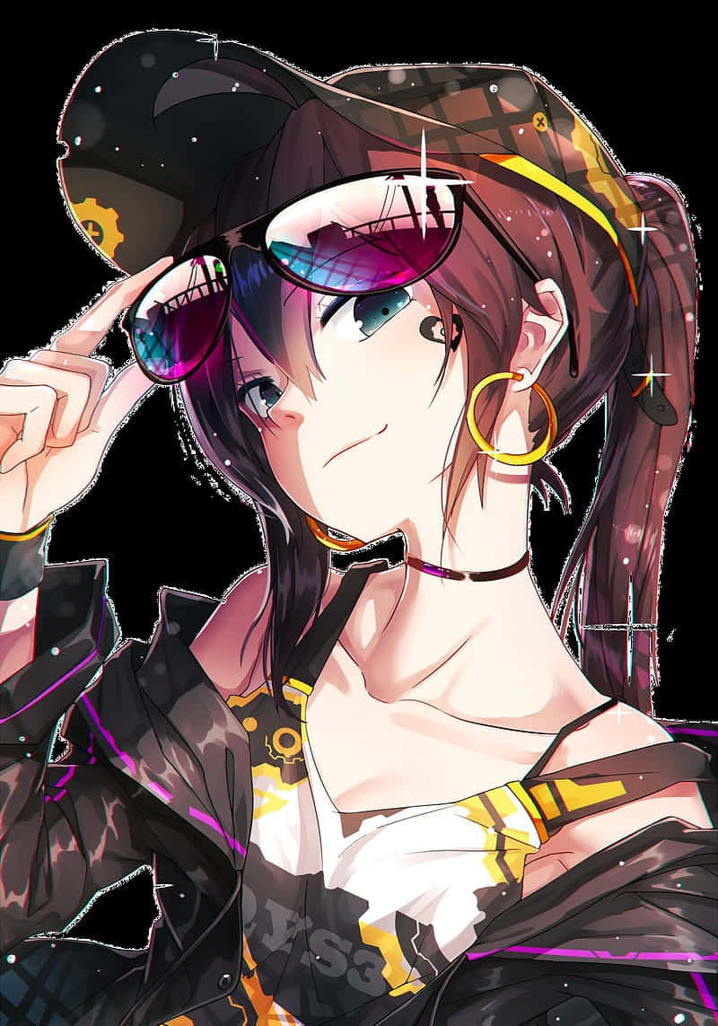 動漫女孩 桌布 壁紙 — 一個時尚的動漫女孩，深色頭髮，戴著太陽眼鏡，在星空宇宙背景下調整帽子。