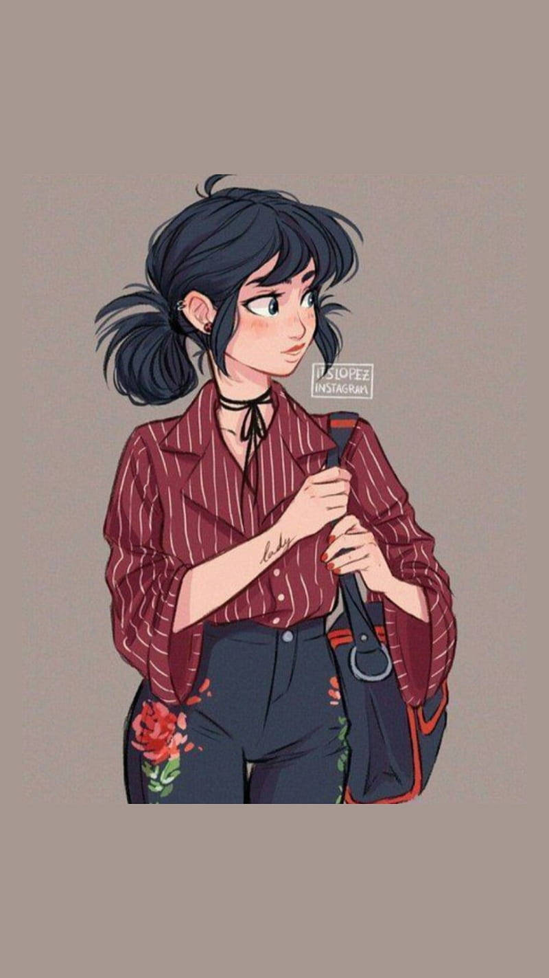 Cool Girl Cartoon 桌布 壁紙 — 一個時尚的動漫女孩，深色頭髮紮成馬尾，穿著條紋襯衫和花卉褲子，手裡拿著一個包包。