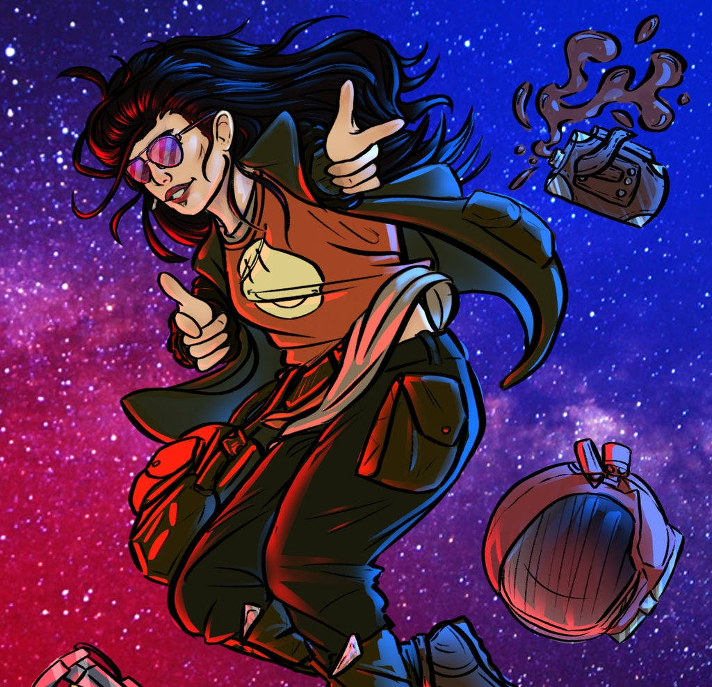 Space Sweepers 桌布 壁紙 — 一個時尚的動漫女孩，紅髮戴太陽眼鏡，漂浮在充滿活力的宇宙星雲中，豎起兩個大拇指，她的裝備在她周圍飄浮。