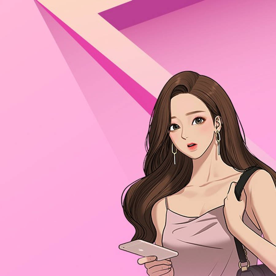 True Beauty 桌布 壁紙 — 一個時尚的動漫女孩，長長的棕色頭髮，在充滿活力的粉紅色幾何背景前拿著手機。