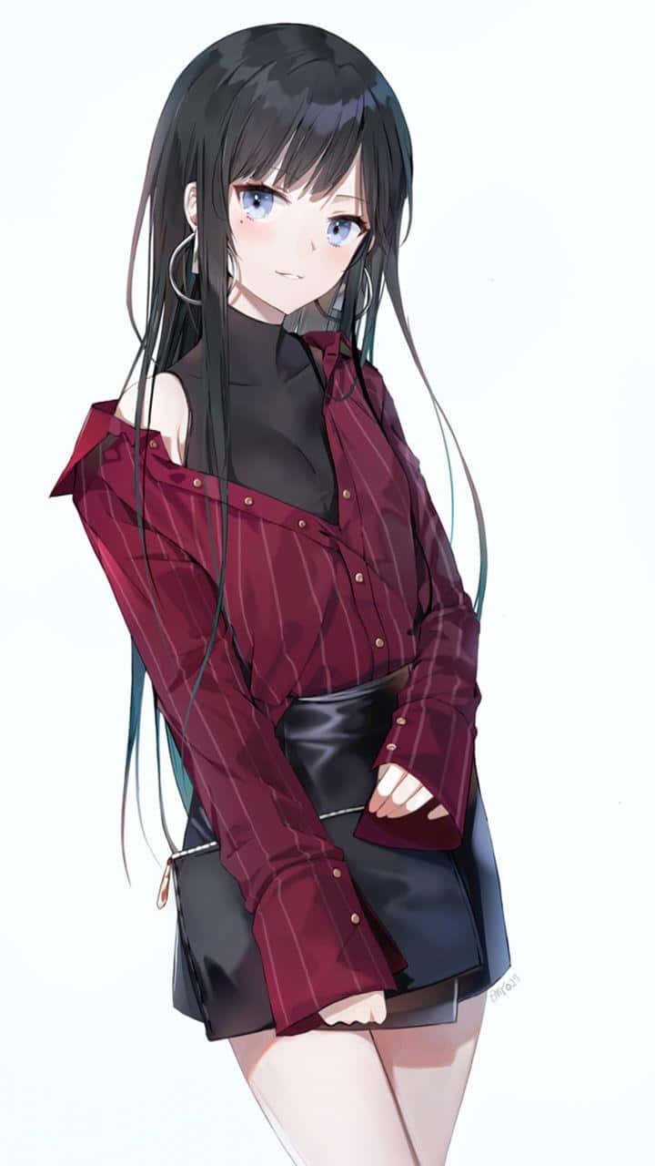 Anime Girl Black Hair 桌布 壁紙 — 一個時尚的動漫女孩，長長的黑髮和藍色的眼睛，穿著紅色細條紋襯衫和黑色裙子，背景是純白色。