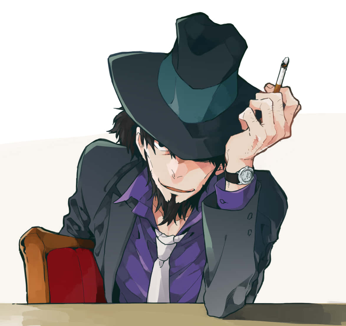 Lupin Iii Daisuke Jigen 桌布 壁紙 — 一個時尚的動漫男人，戴著黑色帽子和紫色襯衫，在桌子旁叼著煙微笑。