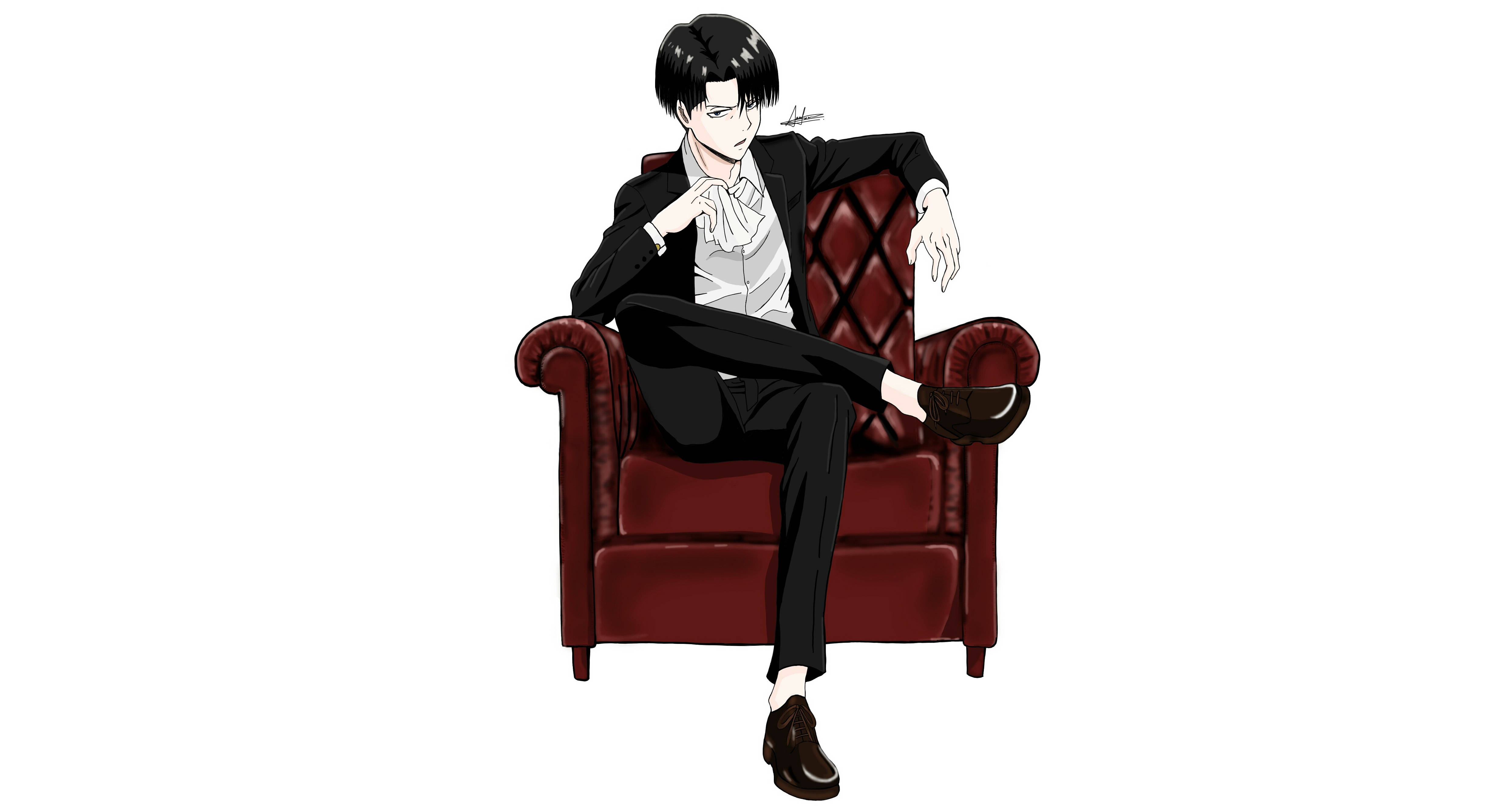 Levi 桌布 壁紙 — 一個時尚的動漫男人穿著黑色西裝，自信地躺在一張豪華的紅色皮革扶手椅上，背景是純白色。