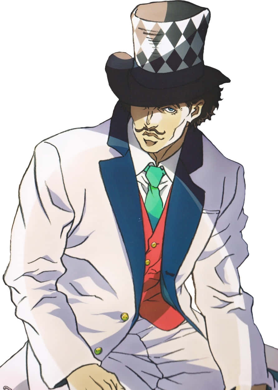Will A Zeppeli 桌布 壁紙 — 一個時尚的動漫男子，戴著格紋高帽和層疊西裝，在純白背景前自信地擺姿勢。