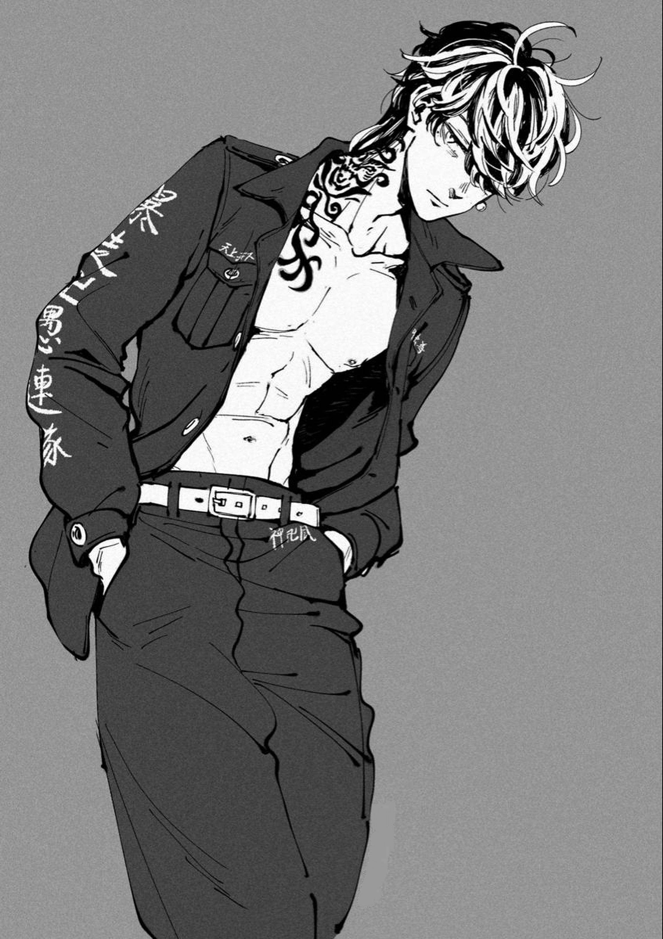 kazutora hanemiya 桌布 壁紙 — 一個時尚的動漫男子，擁有尖刺頭髮和刺青，自信地靠在單色素描中，雙手插在口袋裡。