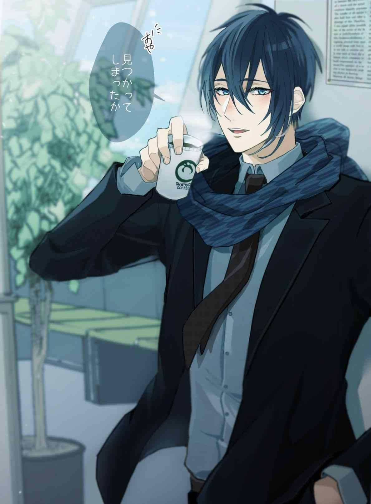 動漫男孩 桌布 壁紙 — 一個時尚的動漫男子，深色頭髮，在明亮的咖啡館裡戴著圍巾喝咖啡。