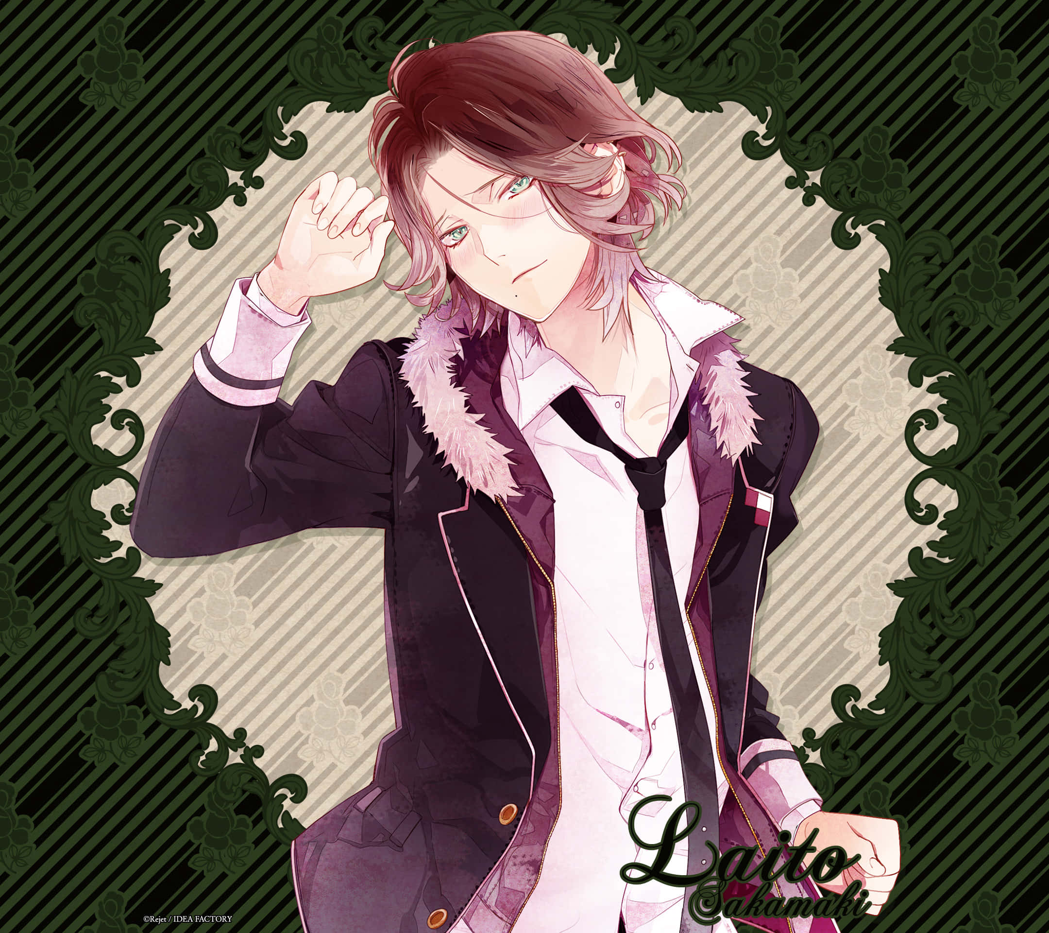 Diabolik Lovers 桌布 壁紙 — 一個時尚的動漫男孩，粉紅色頭髮和綠色眼睛，穿著帶毛領的深色外套，在華麗的綠色和米色圖案背景前自信地擺姿勢。