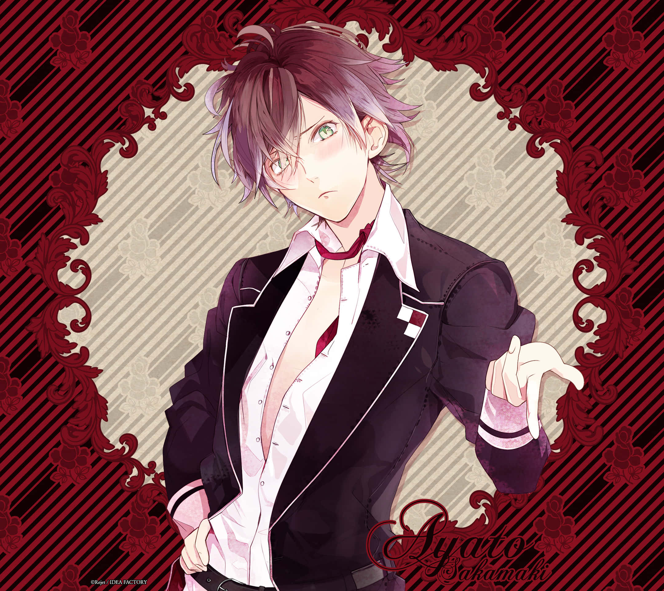 Diabolik Lovers 桌布 壁紙 — 一個時尚的動漫男孩，紫色頭髮和綠色眼睛，自信地穿著黑色西裝，站在紅色裝飾框架前。