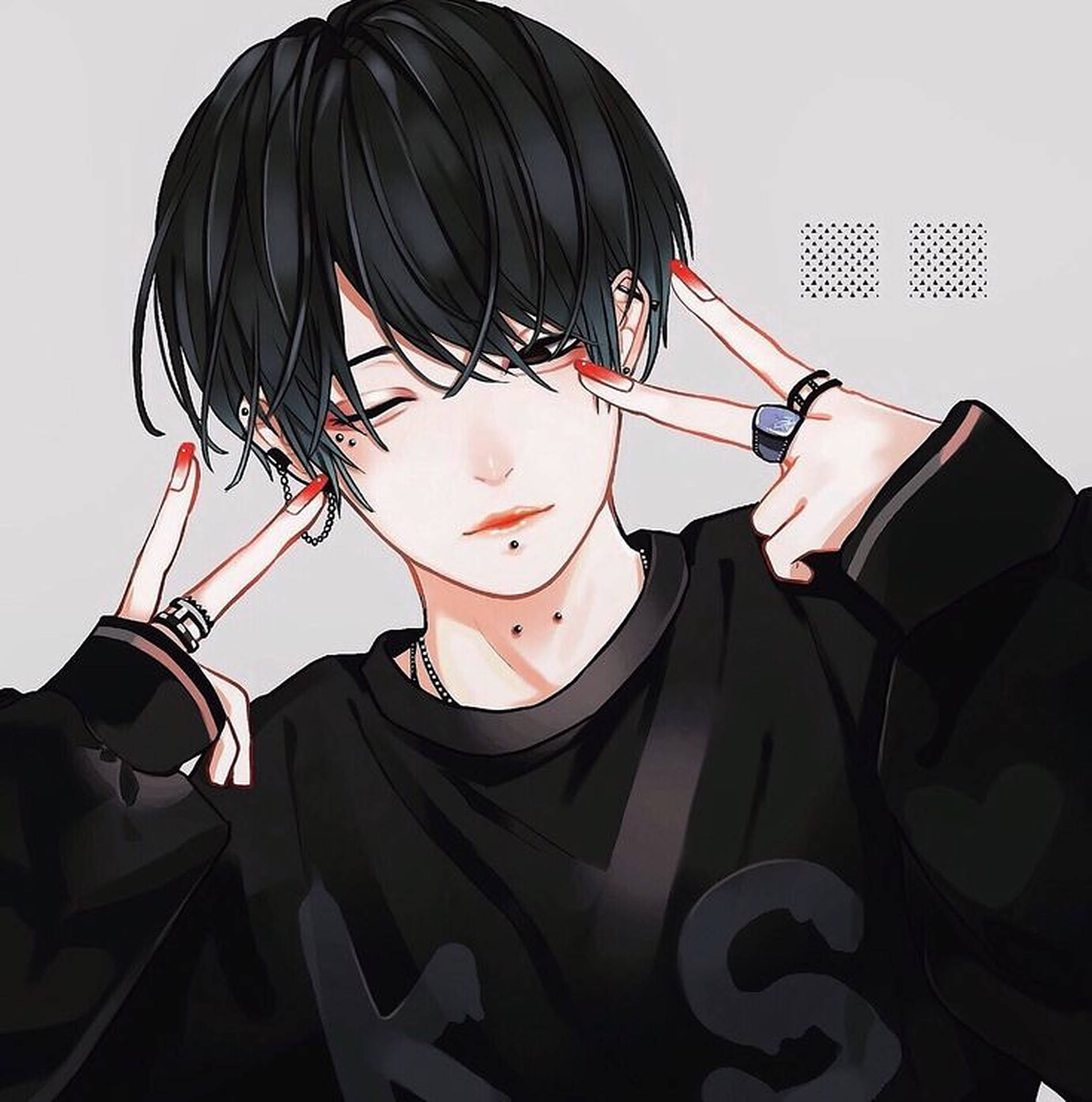 emo 頭像 桌布 壁紙 — 一個時尚的動漫男孩，黑髮紅指甲，穿著黑色連帽衫，比出和平手勢。