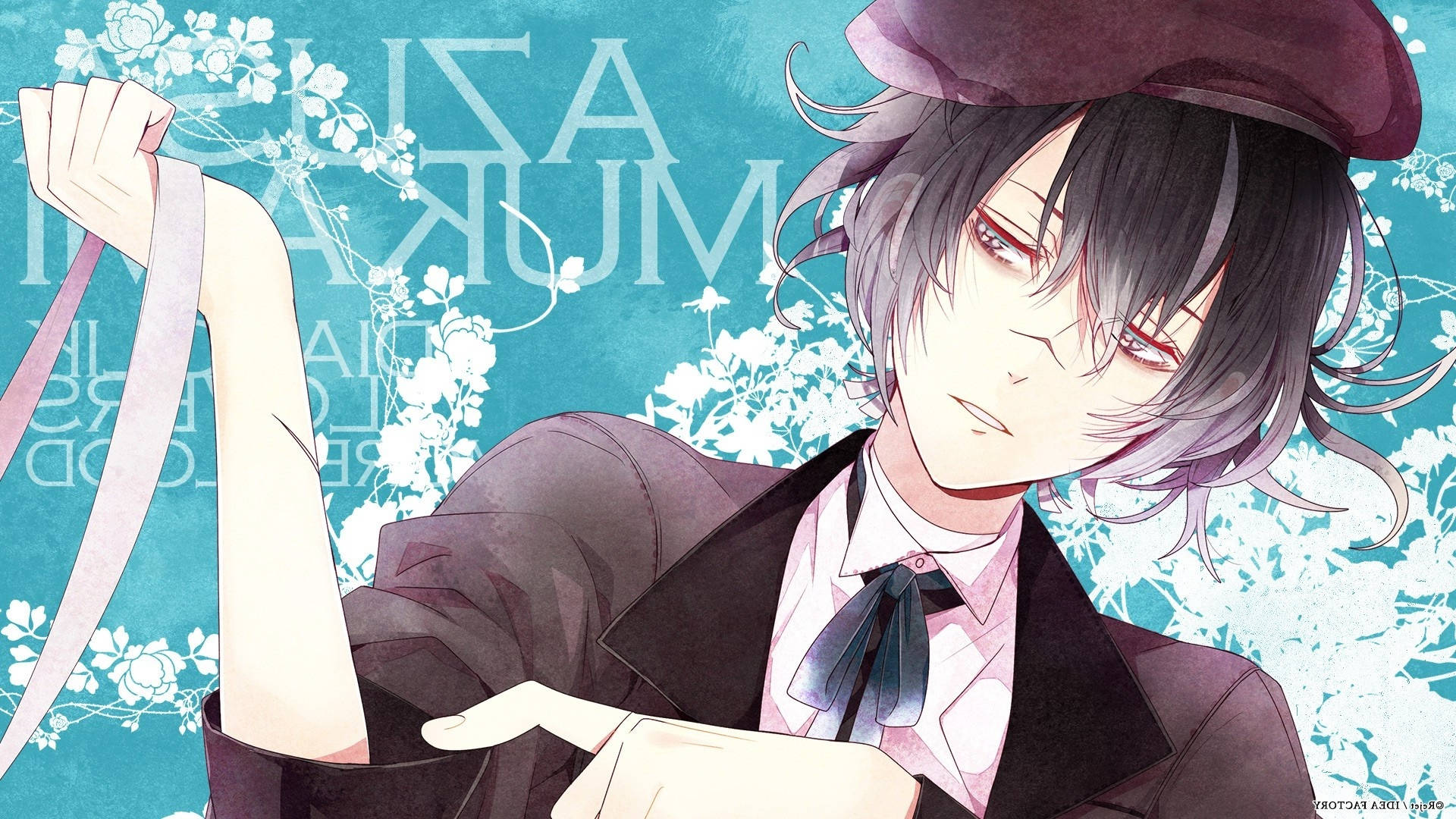 Diabolik Lovers 桌布 壁紙 — 一個時尚的動漫男孩，黑髮紅眼，戴著紫色帽子和西裝，在花卉青綠色背景前拿著絲帶。