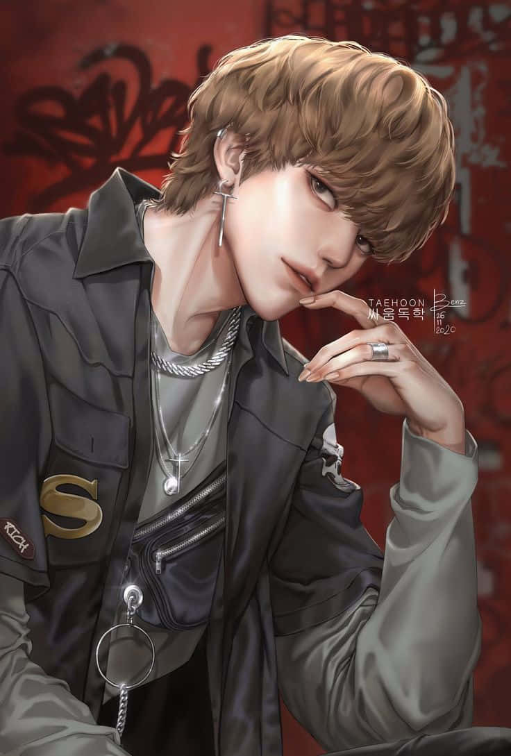 動漫男孩 桌布 壁紙 — 一個時尚的動漫男性，擁有凌亂的金色頭髮和銀色珠寶，在紋理紅色的背景前沉思地擺姿勢。